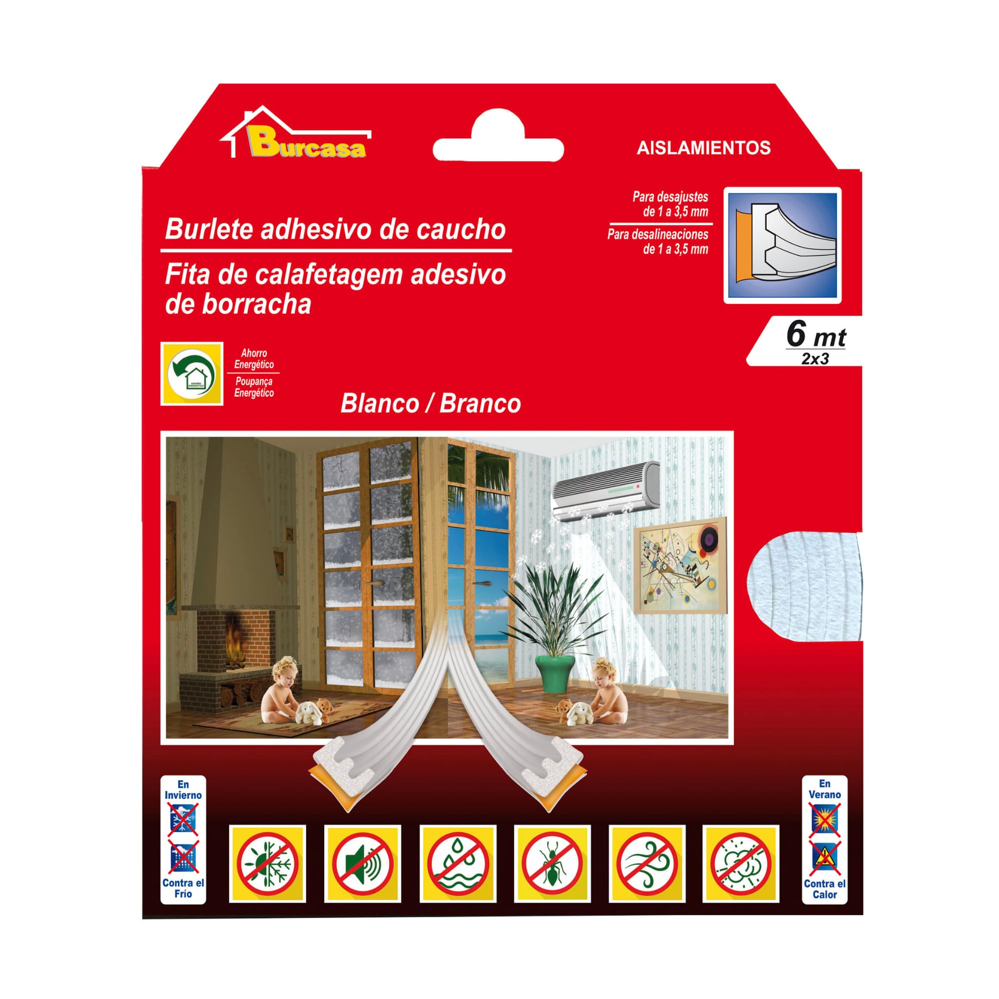 Burlete de Ventana y Puerta de Caucho Autoadhesivo, Perfil E, Blanco, 9x4 mm, 6 m – Aislante contra Ruido, Frío, Calor y Corrientes de Aire