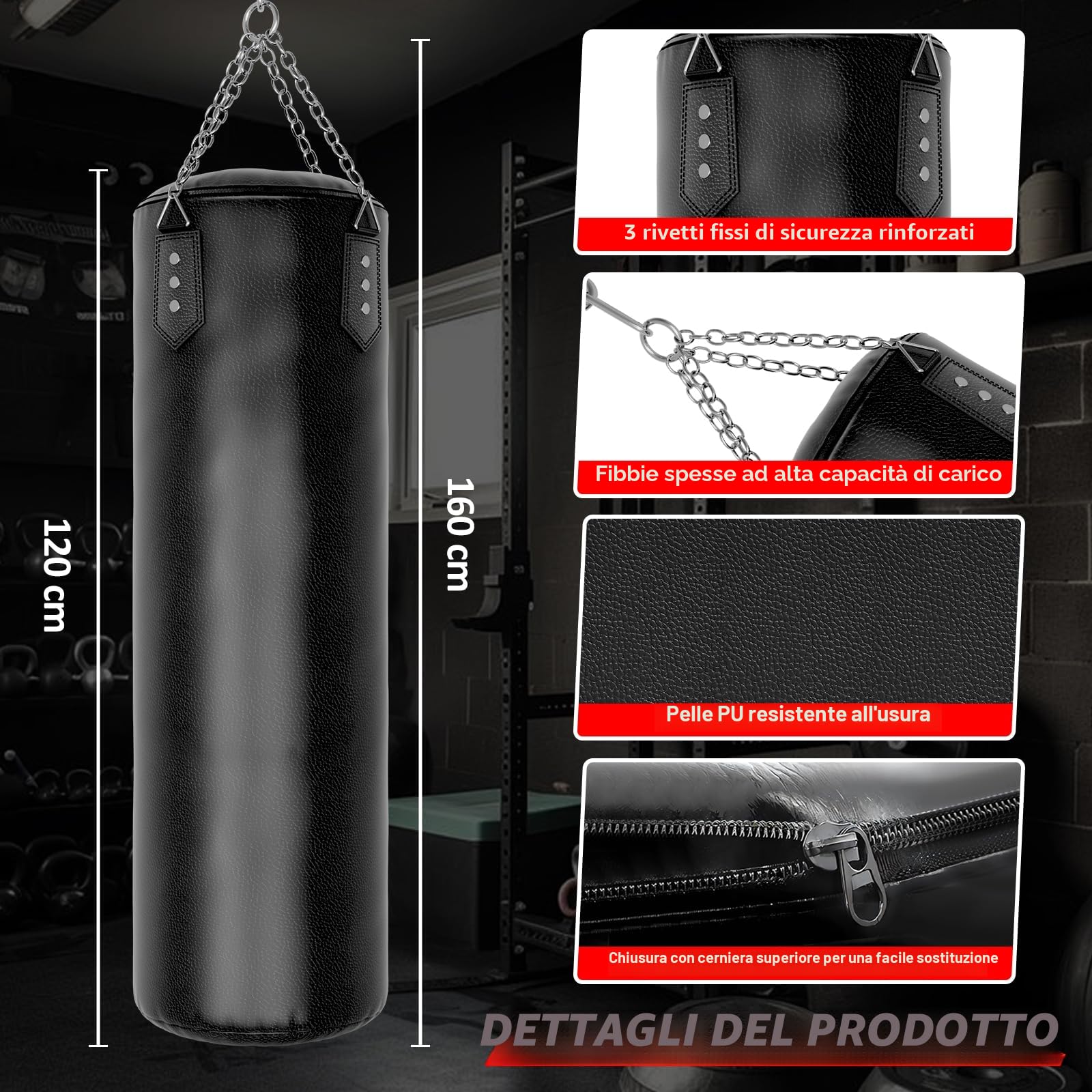Sacco da boxe da appendere, 120 cm, per bambini, ragazzi e adulti (non riempito)