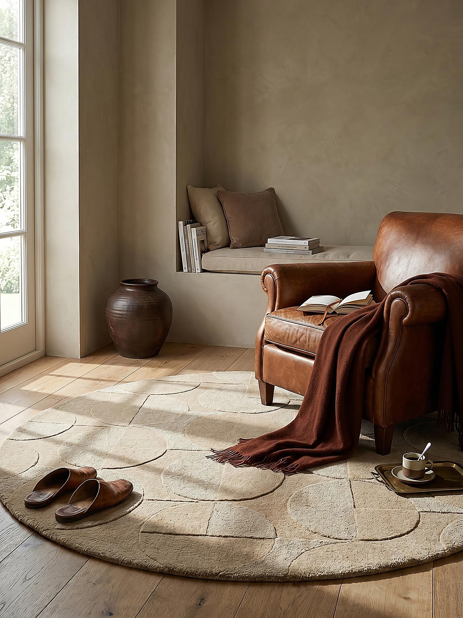 Tapis en Laine Motif Géométrique Dense et Robuste Naturel Ø 160 cm Rond Salle à Manger | DEBEN