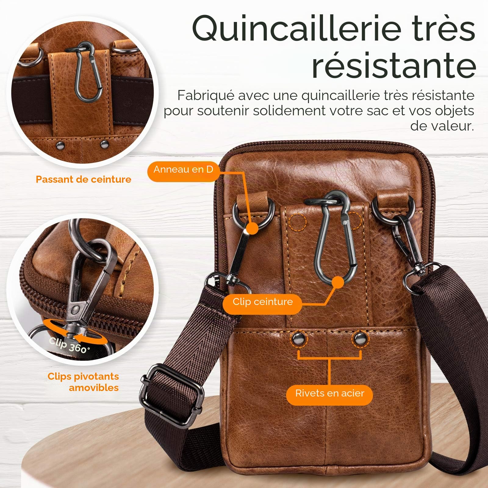 Sac de Ceinture en Cuir véritable Sacs à bandoulière Étui de Support de téléphone Portable pour iPhone 16 15 14 13 12 11 Pro Max Samsung S25 S24 S3 Ultra S25+ Sac de Ceinture (Brun)