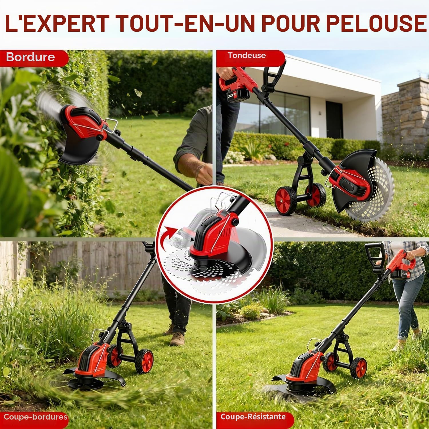 Débroussailleuse Electrique sans Fil 12", Coupe-Bordure Électrique sur Batterie 2×21V 3.0Ah avec Roues, 4 Types Lames Interchangeables, Tondeuse Multifonction 4-en-1 Dresse-Bordures pour Jardin