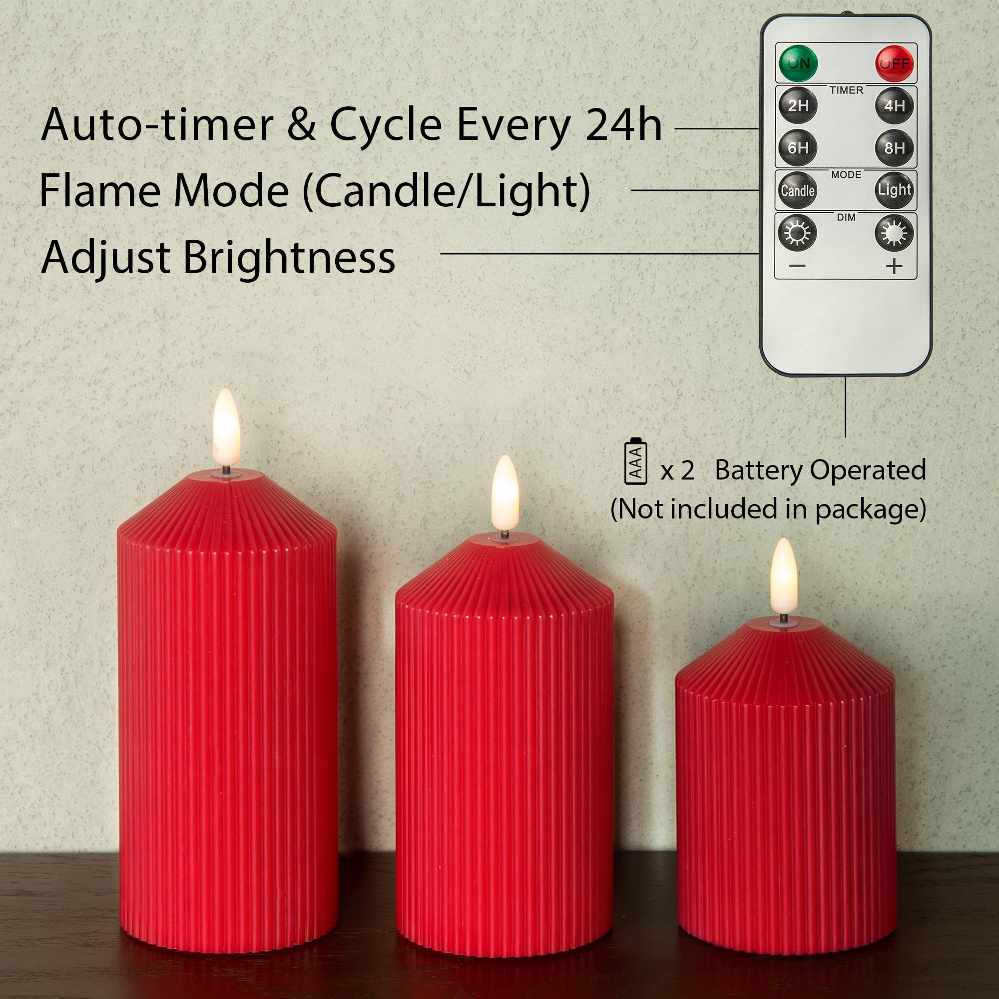 LUSHARBOR Candele senza fiamma con telecomando, a batteria, in vera cera, a LED, con timer, fiamma tremolante, per matrimoni, feste in casa, set da 3, colore: rosso