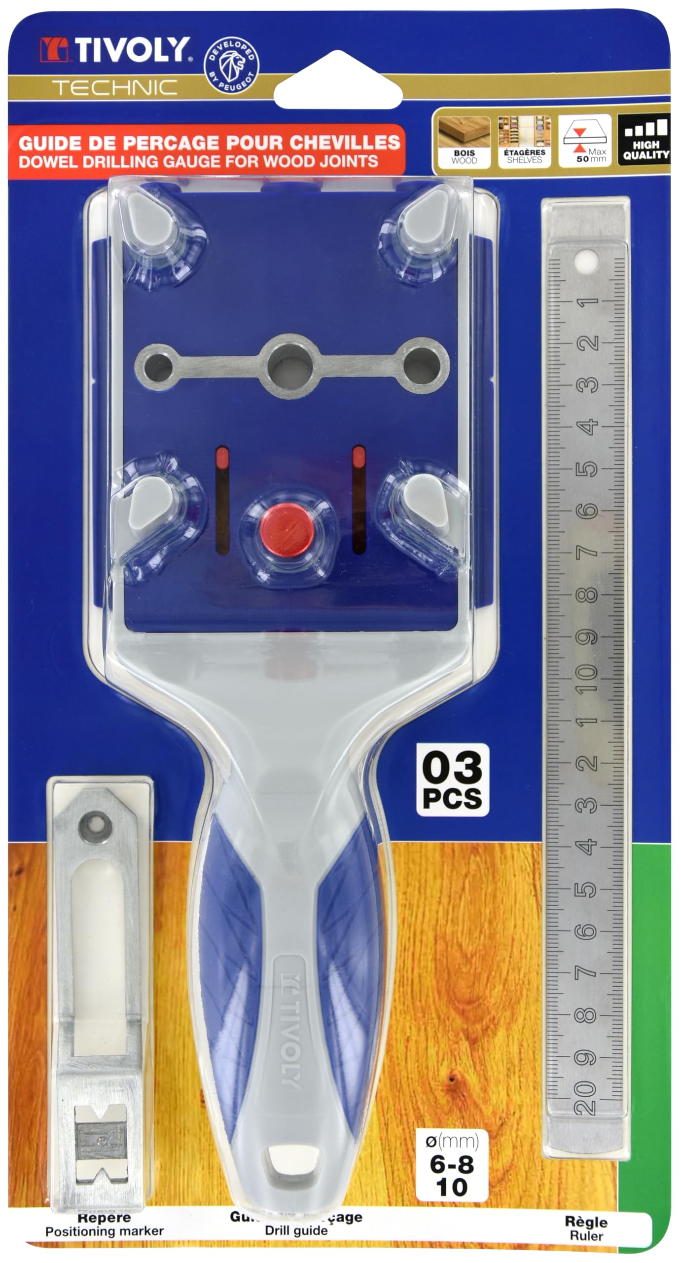 TIVOLY - Guide de Perçage pour Chevilles en Bois - Gabarit pour la Réalisation d'Assemblages Bois avec Tourillons - Perçage Ø 6/8/10mm - Epaisseur Maximum de la Planche de Bois : 50mm