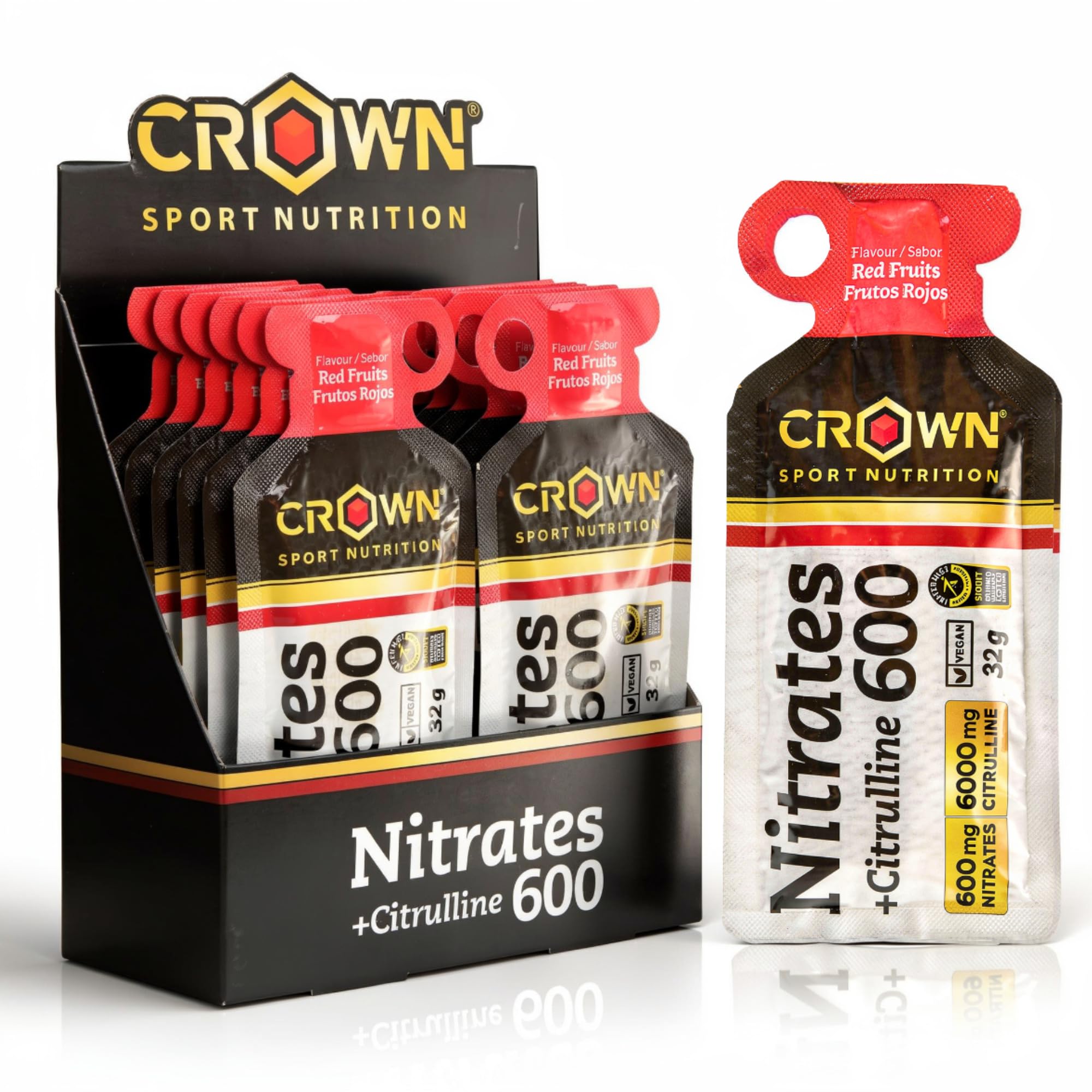 Crown Sport Nutrition Nitrates 600 + Citrulline | L Citrulina Malato 6000 mg | Gel Shot Caja 10 x 32 ml | Precursor Oxido Nítrico | Gel Vegano | Certificado antidoping Informed-Sport