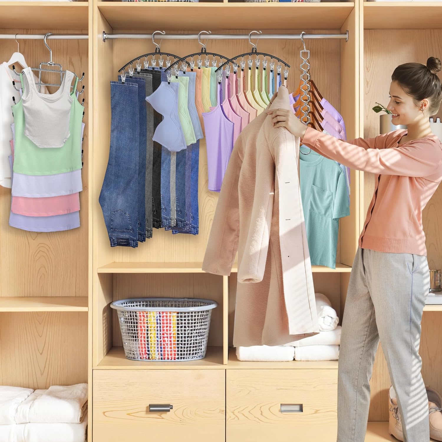 5 Pack Legging Organizer for Closet Hanging, 3 Pants Leggings Hangers 12 Pack Heavy Duty Clothes Hangers