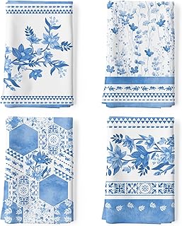 Arquiel Paños y Toallas de Cocina Algodon Set de 4, Toallas de Plato 100% algodón Paño de Cocina Suaves y absorbentes Toallas de té y Toallas de Barra 50 x 70CM Estampado Degradado Azul