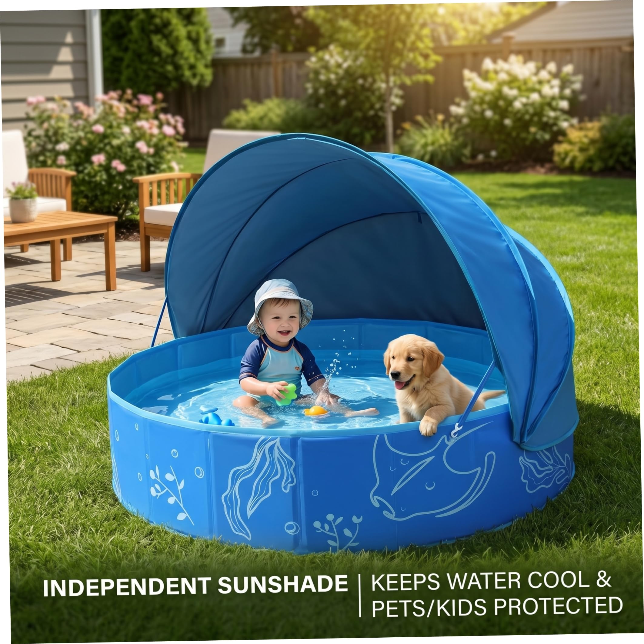 Piscina de playa para bebés, piscina infantil de PVC con toldo, playa plegable portátil para bebé, azul, 47.2 x 11.8 pulgadas