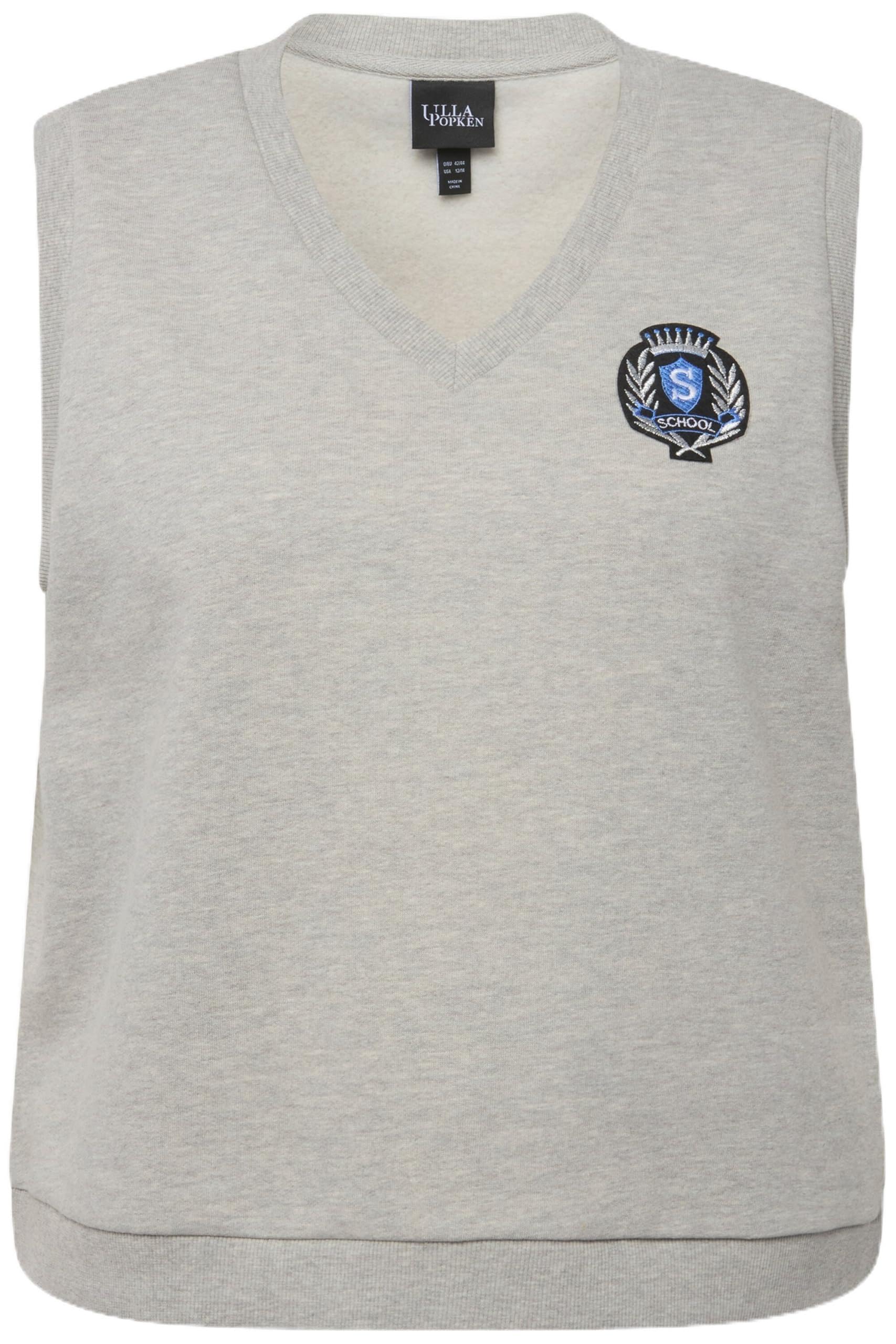 Ulla Popken Damen große Größen Übergrößen Plus Size Sweat-Pullunder, College-Patch, V-Ausschnitt, ärmellos 820113