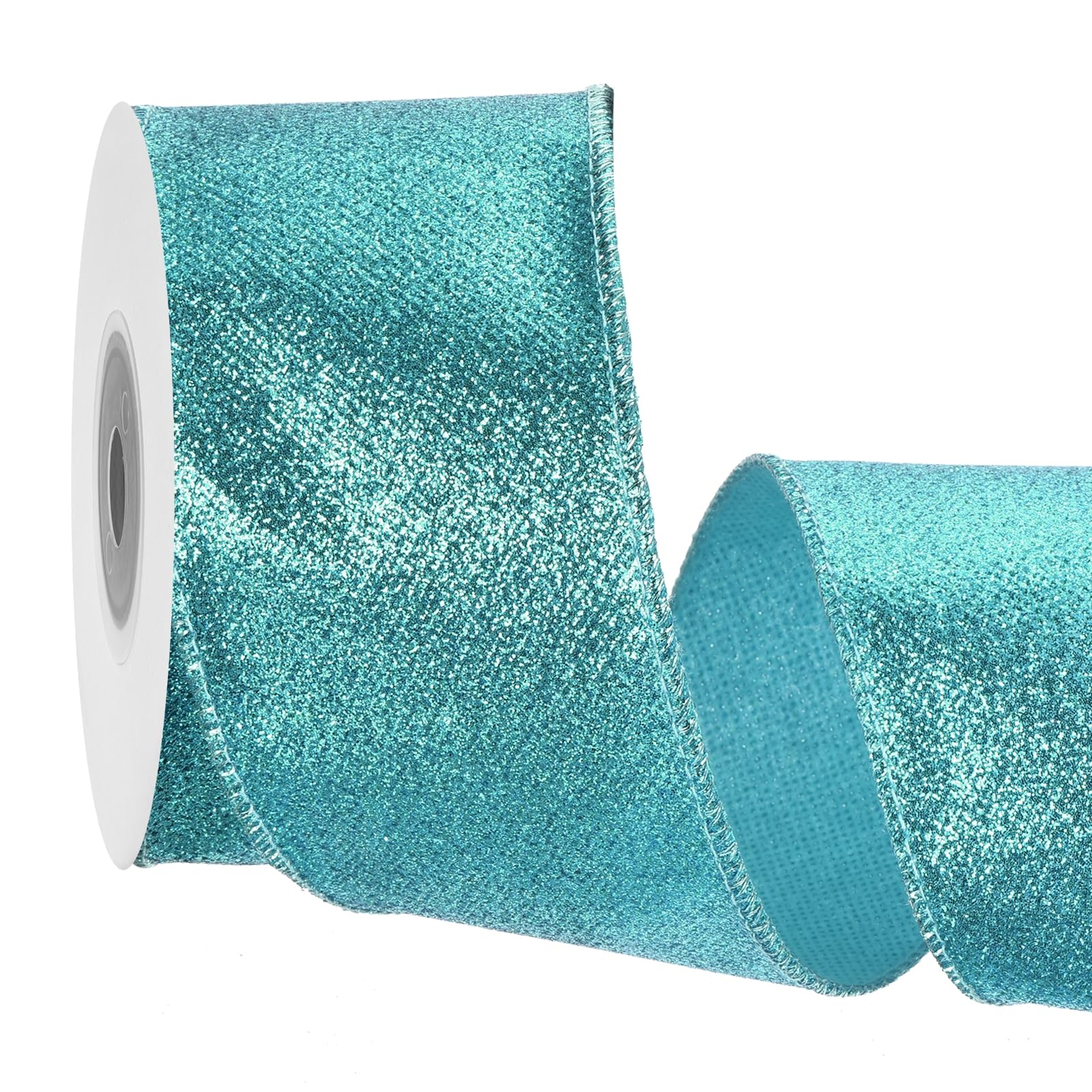 sourcing map 2.5 Inch/6.3cm Glitter Wired Ribbon, Light Blue Sparkly Iridescent Ribbon 10 Yard for Christmas Tree Wreath Decoration Gift Wrapping, with Metallic Edge