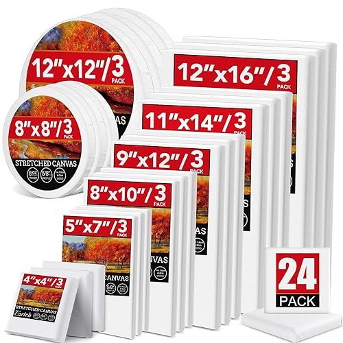 24 Pack Canvases for Painting with 4"x4", 5"x7", 8"x10", 9"x12", 11"x14", 12"x16", Round Canvas with 12"x12", 8"x8", 3 of Each, Painting Canvas for Oil & Acrylic Paint. - 24 Packs - 8 Sizes (3 of Each)