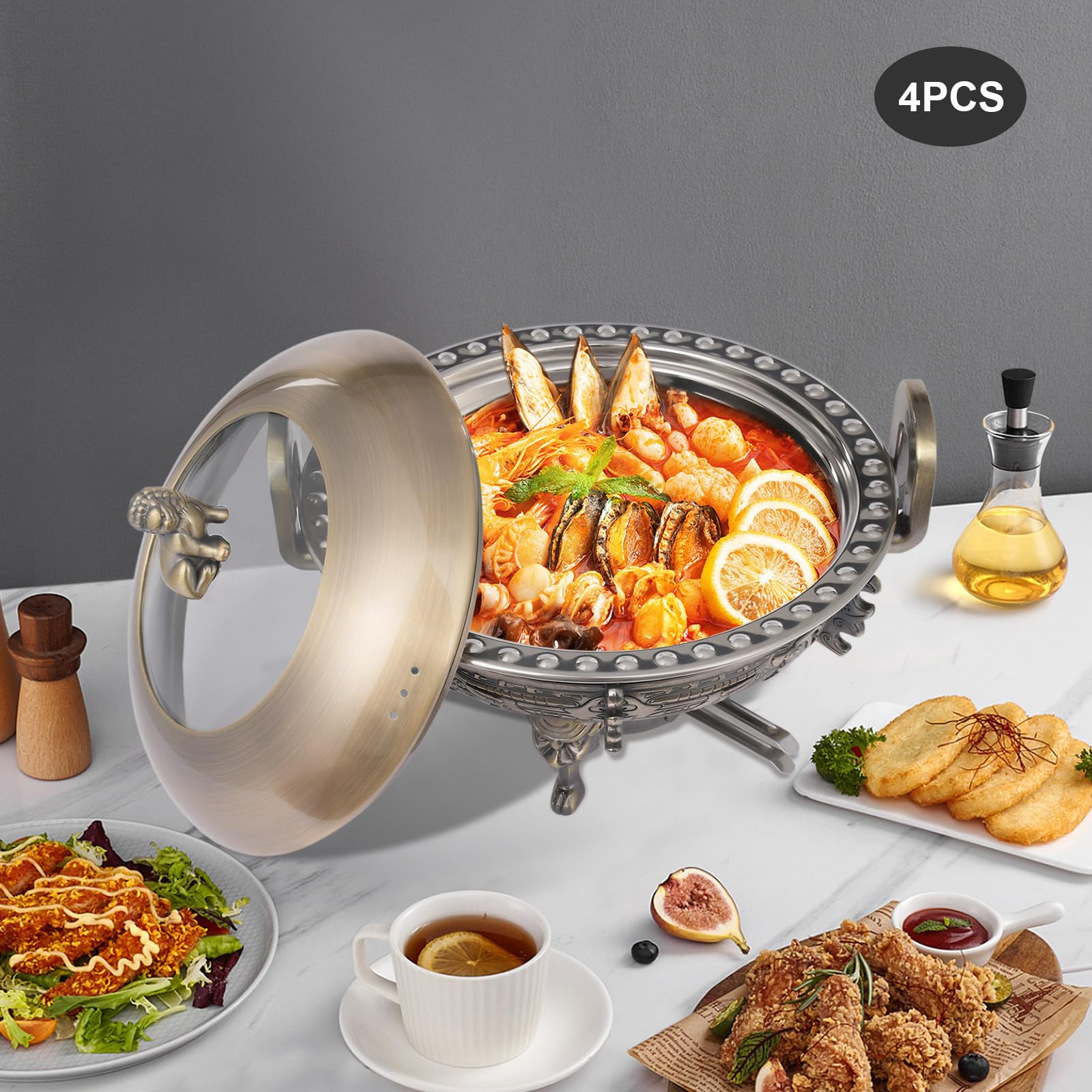 4 Packs Chafing Dish Buffet Sets Round Stainless Steel Buffet Servers and Warmers with Food and Water Pan, Bronze Chaffing Servers w/Lid for Catering, Events and Parties