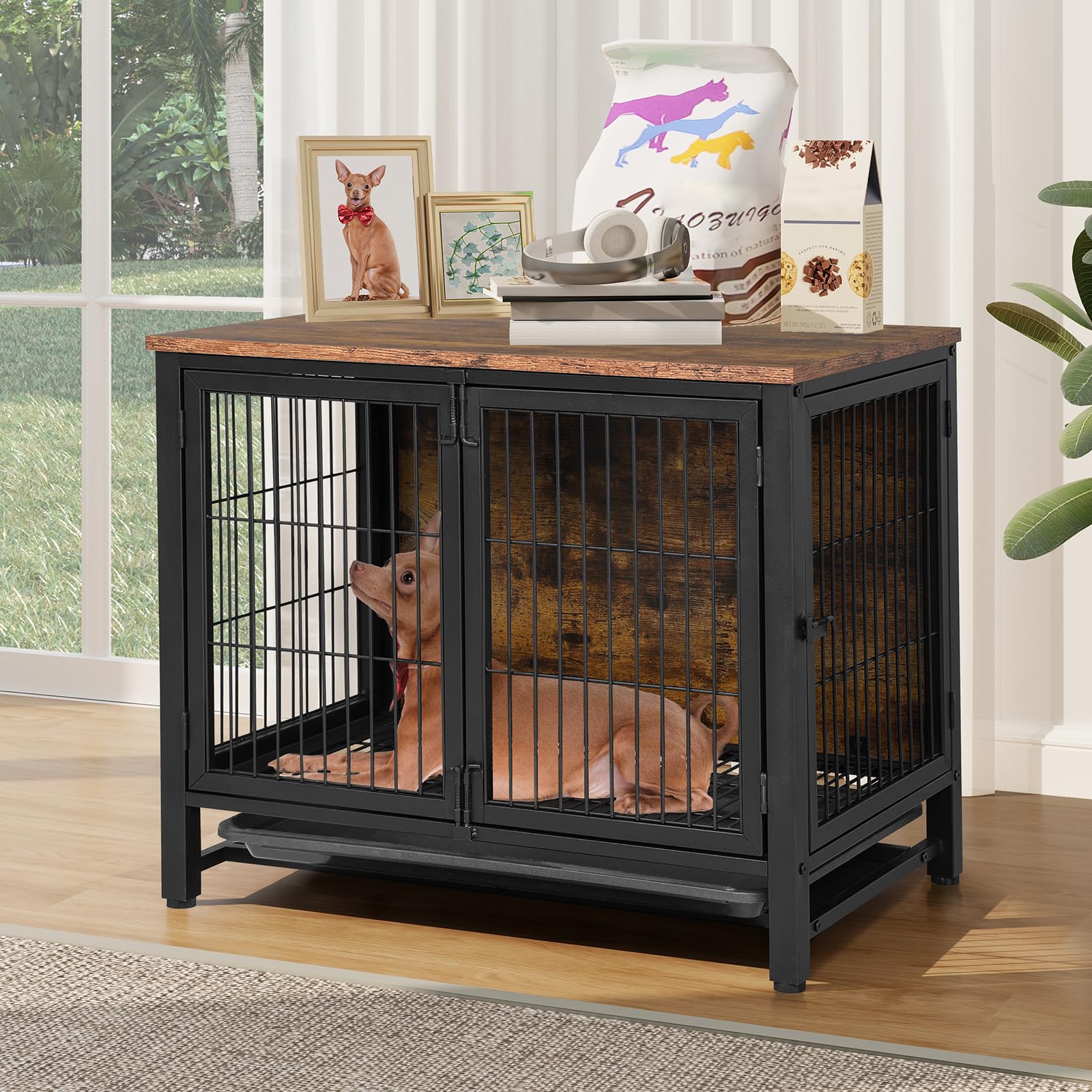Wooden Dog Crate Furniture with Tray, Heavy Duty Dog Kennel with Double Doors Decorative End Table for Small to Medium Dog (Medium)