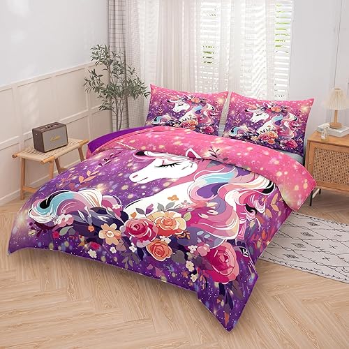 Miniatura 3 de Tailor Shop Juego de ropa de cama de unicornio para niñas, juego de edredón de unicornio rosa y morado, juego de ropa de cama Queen Galaxy para
