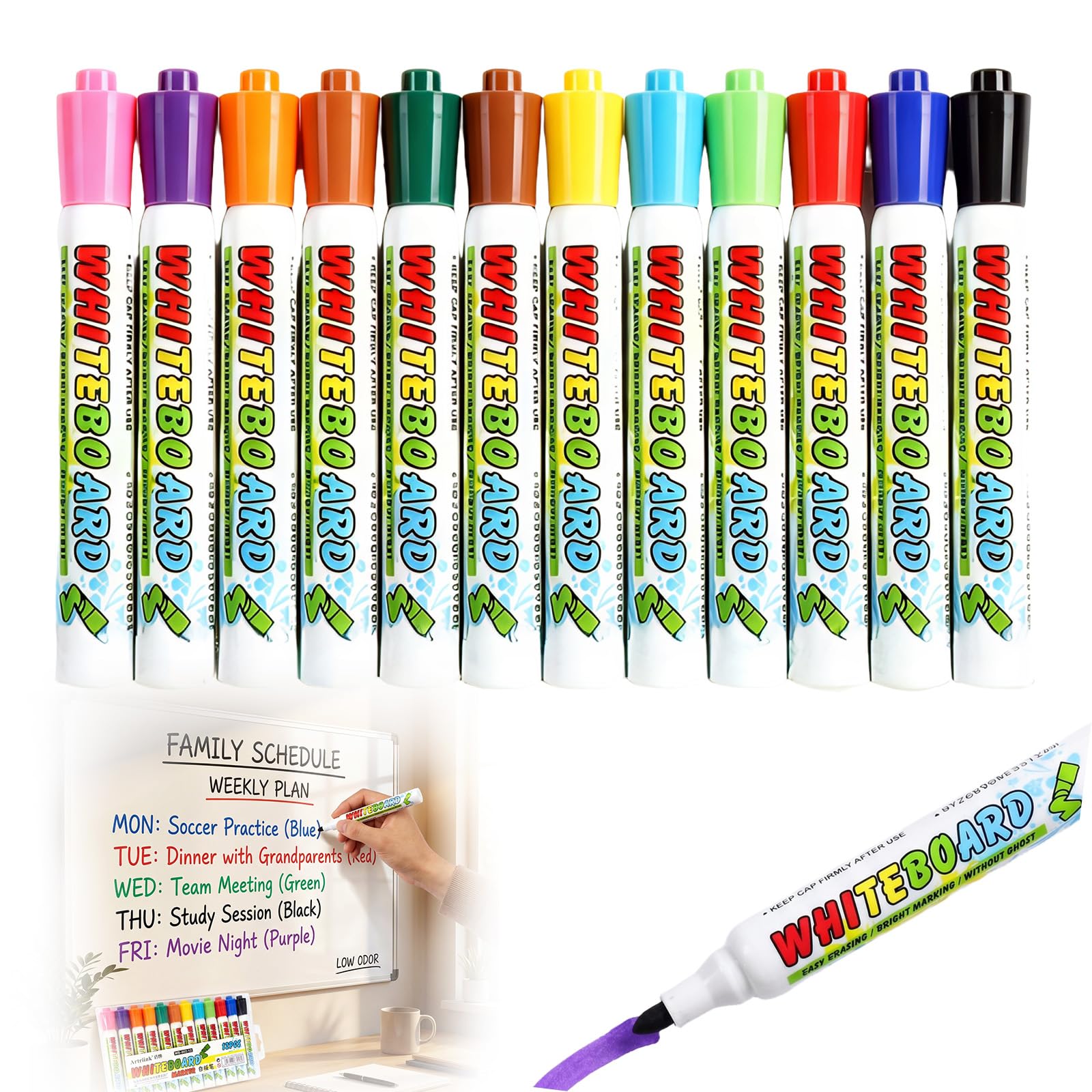 hautllaif Whiteboard Pens, 12 Colours Dry Erase Markers, Low Odor Whiteboard Markers with Fine Tip, for Classroom, Office, Home, Revision & Planning