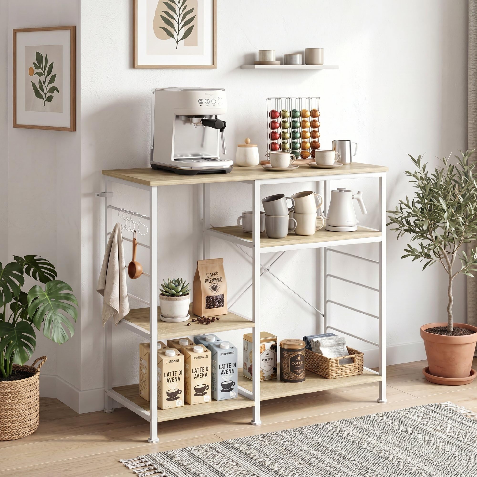 HOMCOM Scaffale Cucina con Ripiani, Scaffale Portaoggetti Salvaspazio in Legno e Metallo con 5 Ganci a S e Piedini Regolabili, per Spezie, Pentole e Padelle, 90x39x83.5 cm, Rovere