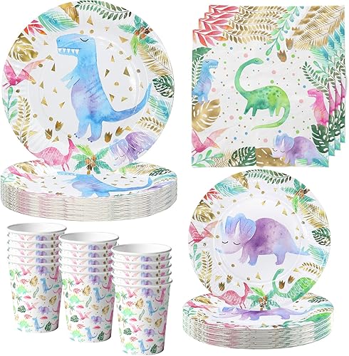 Juego de vajilla de fiesta de dinosaurio de acuarela para niña, suministros para fiesta de cumpleaños de dinosaurio rosa, incluye platos para tartas disponible en Yaxa Peru