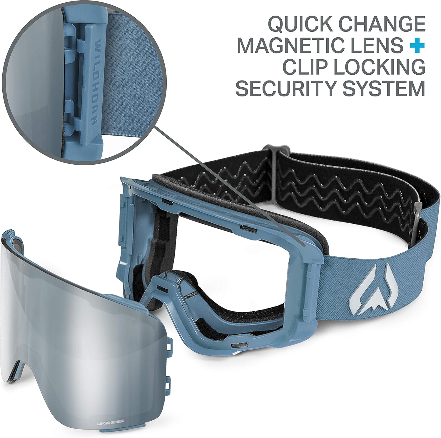 WildHorn Outfitters Pipeline Ski Goggles - Wide View Anti-Fog Cylindrical Snowboard Goggles - 100% UV Protection Magnetic Quick-Change Lens Snow Goggles for Men & Women, smoke blue silver, adult : Sports & Outdoors