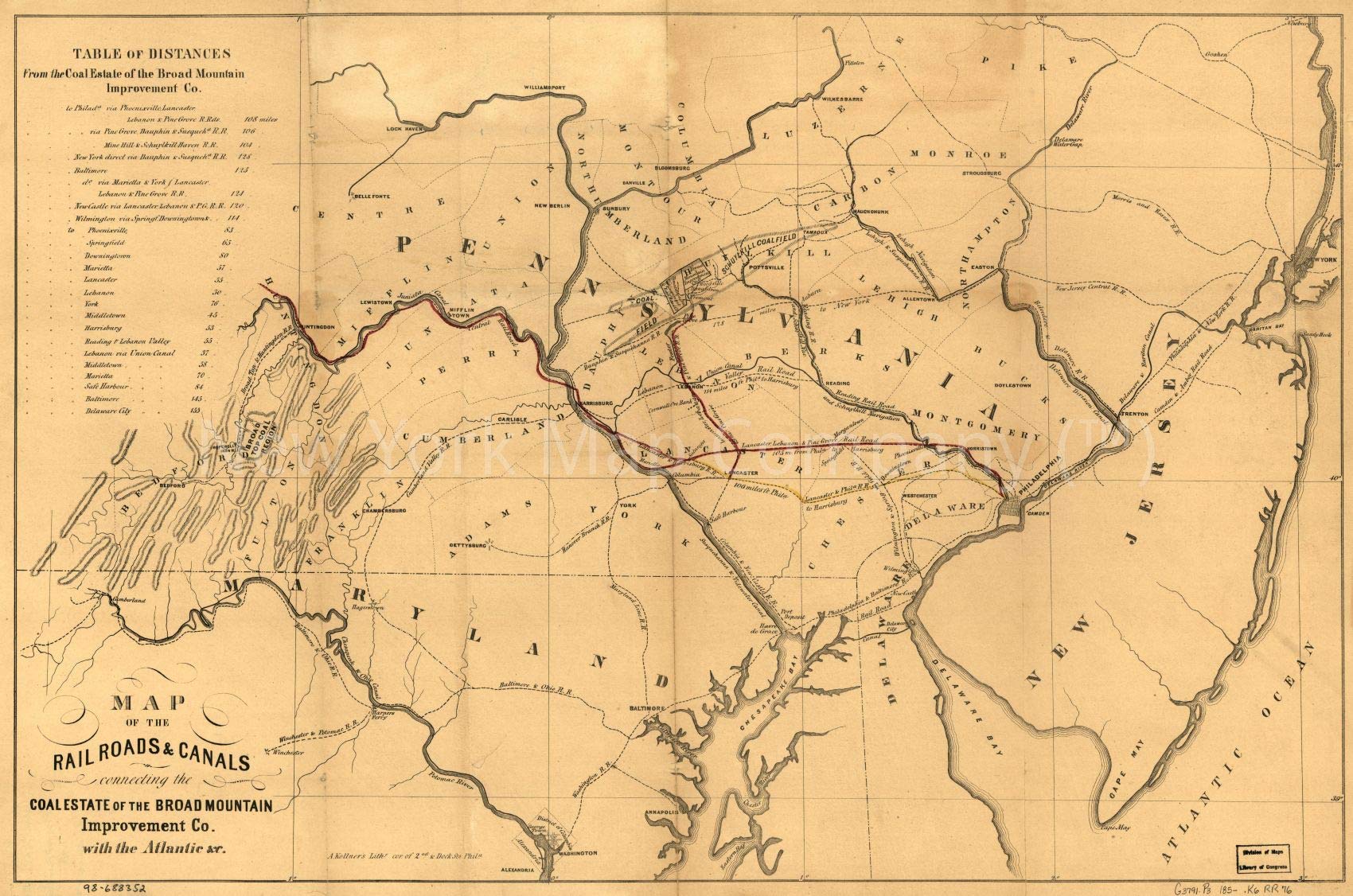 1850 Central Pennsylvania, Parts of Maryland, Delaware & New Jersey|Railroads & canals Connecting The Coal Estate of The Broad Mountain Improvement Co. with The Atlantic |16x24 Wall Map