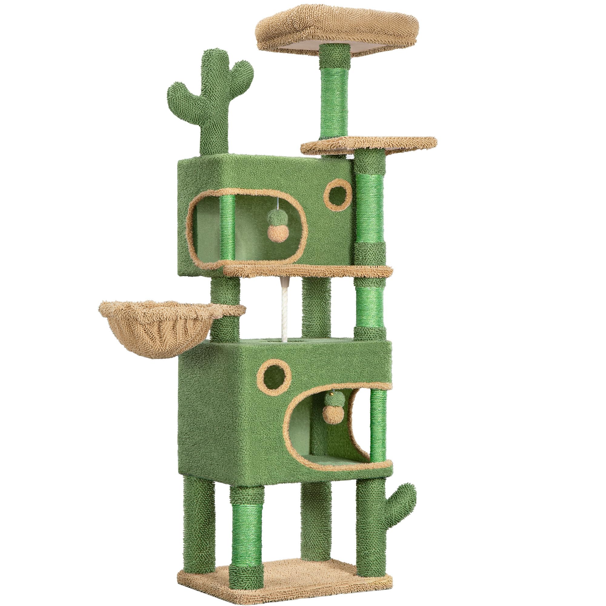 Hzuaneri 165 cm Cactus Cat Tree, Cat Tower for Indoor Cats, Multi-Level Cats Condo with 6 Scratching Posts, 2 Platforms, 2 Caves, Basket, Pompoms, Sisal Rope, Anti-Tip Kit, Green Brown MS16518AG