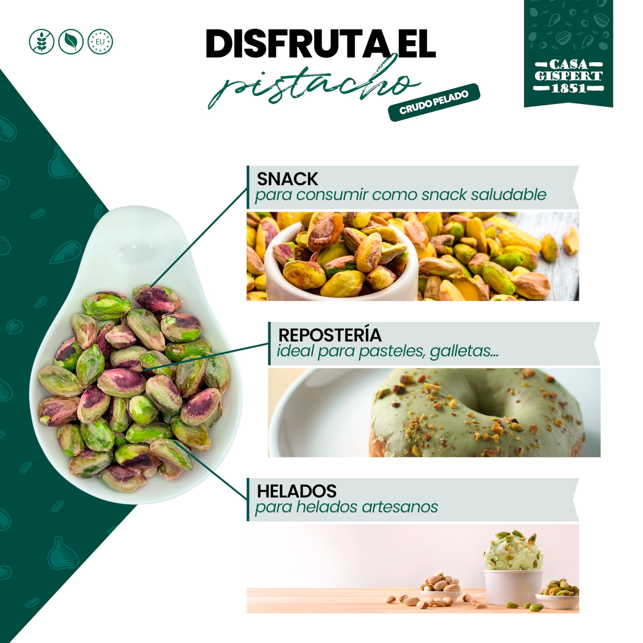 Casa Gispert - Pistacho - Sin Gluten, Vegano (500g, Crudo - Sin Cáscara - País)