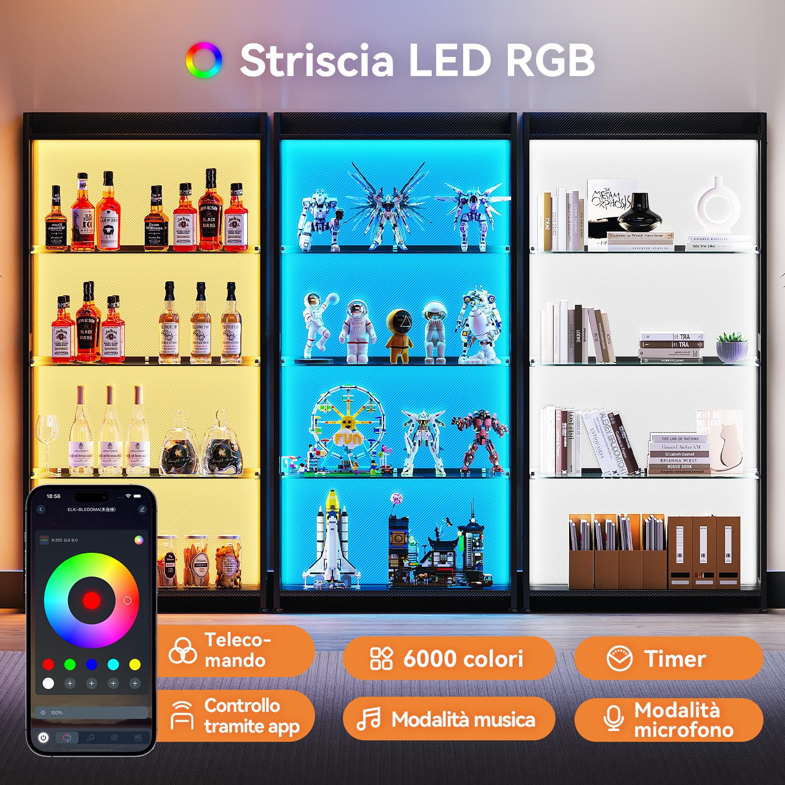Coleshome Vetrina LED RGB Cristallo, Espositore Metallo, 160cm, Nero