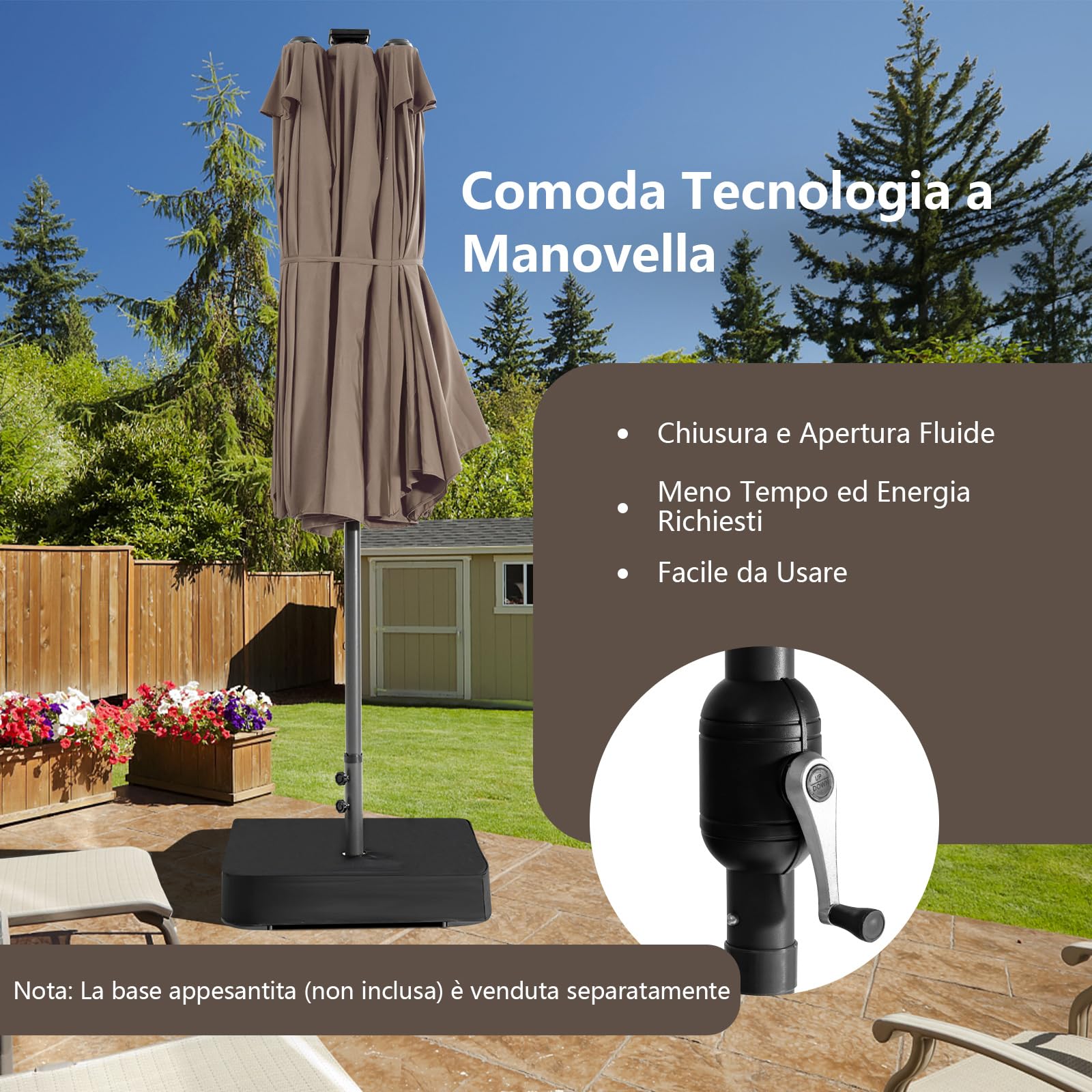 RELAX4LIFE Ombrellone Doppio da Giardino 4,5x 2,6m con Luci LED, Ombrellone Grande con Base, Apertura Manovella, Tetti Ventilati, per Patio, Cortile, Ristorante (Caffè-Luci, 4,5 x 2,6 M)
