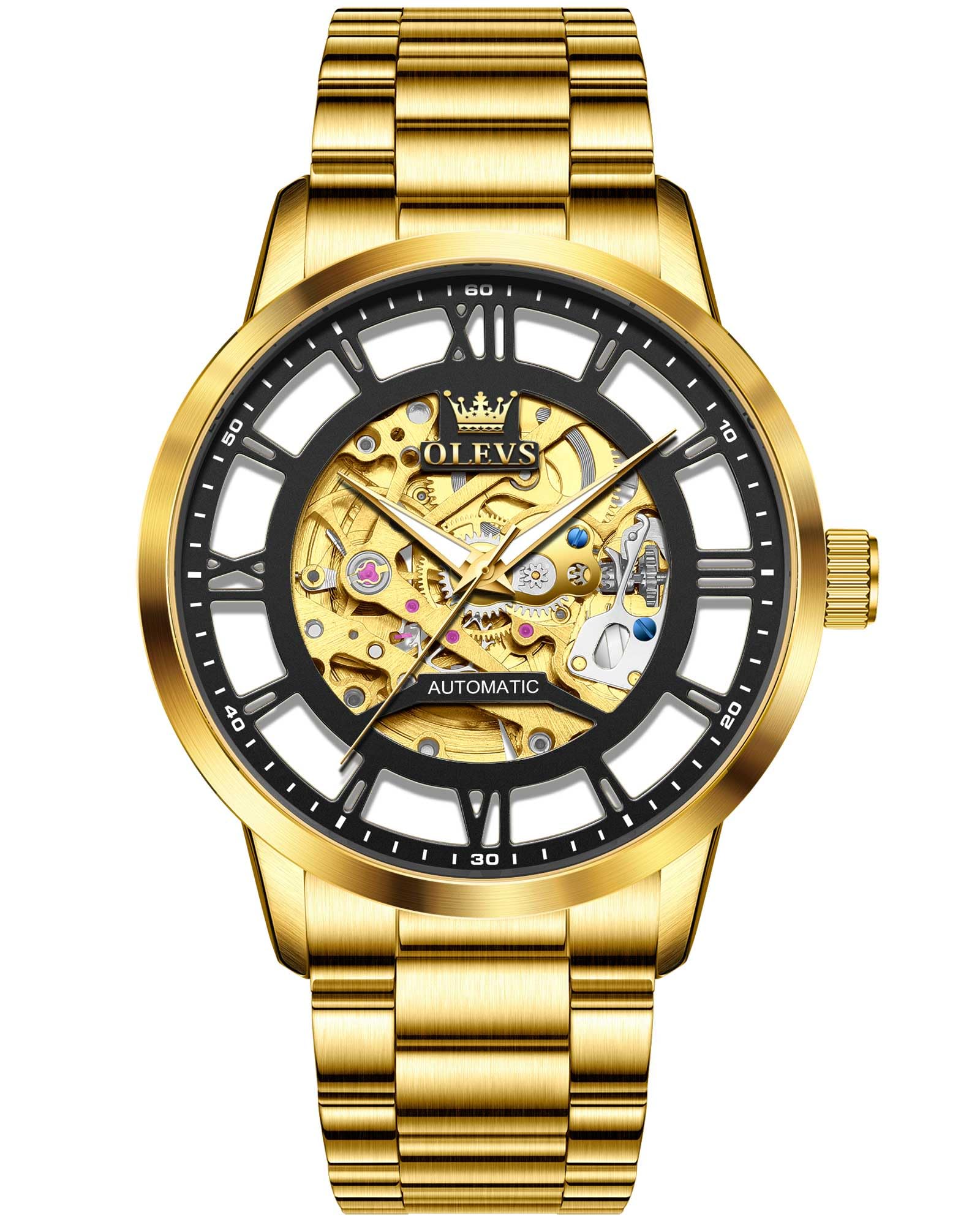 OLEVS Orologi automatici da uomo 43 MM scheletro grande quadrante 3 lancette orologio a carica automatica in acciaio inossidabile vestito di lusso meccanico impermeabile luminoso orologio da polso