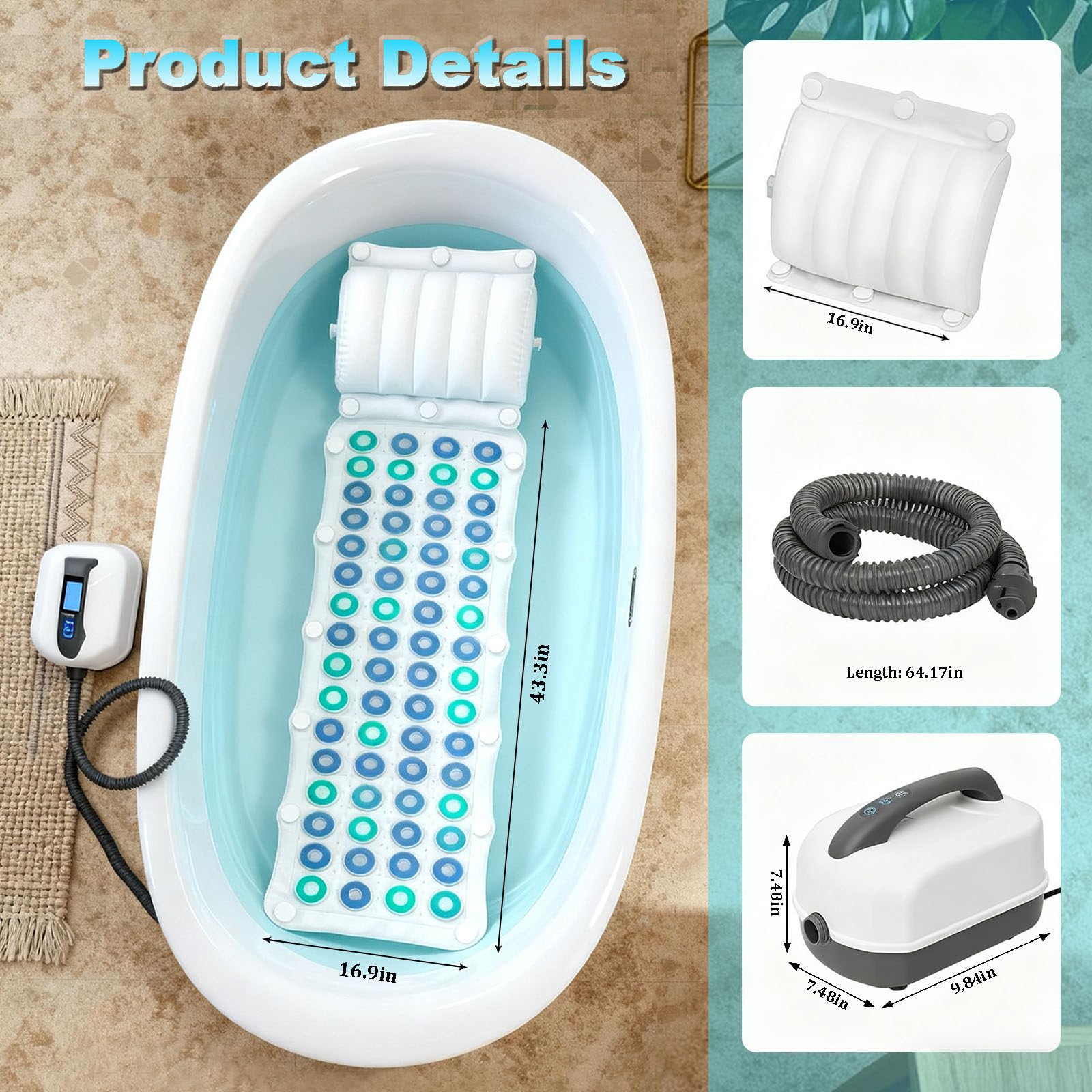 Tapis de Bain à Bulles avec Télécommande | Tapis de SPA à 93 Jets pour Baignoire | 6 Niveaux & Lumières LED 7 Couleurs | Pompe à Air Améliorée | Tapis de Baignoire Portable pour la Maison