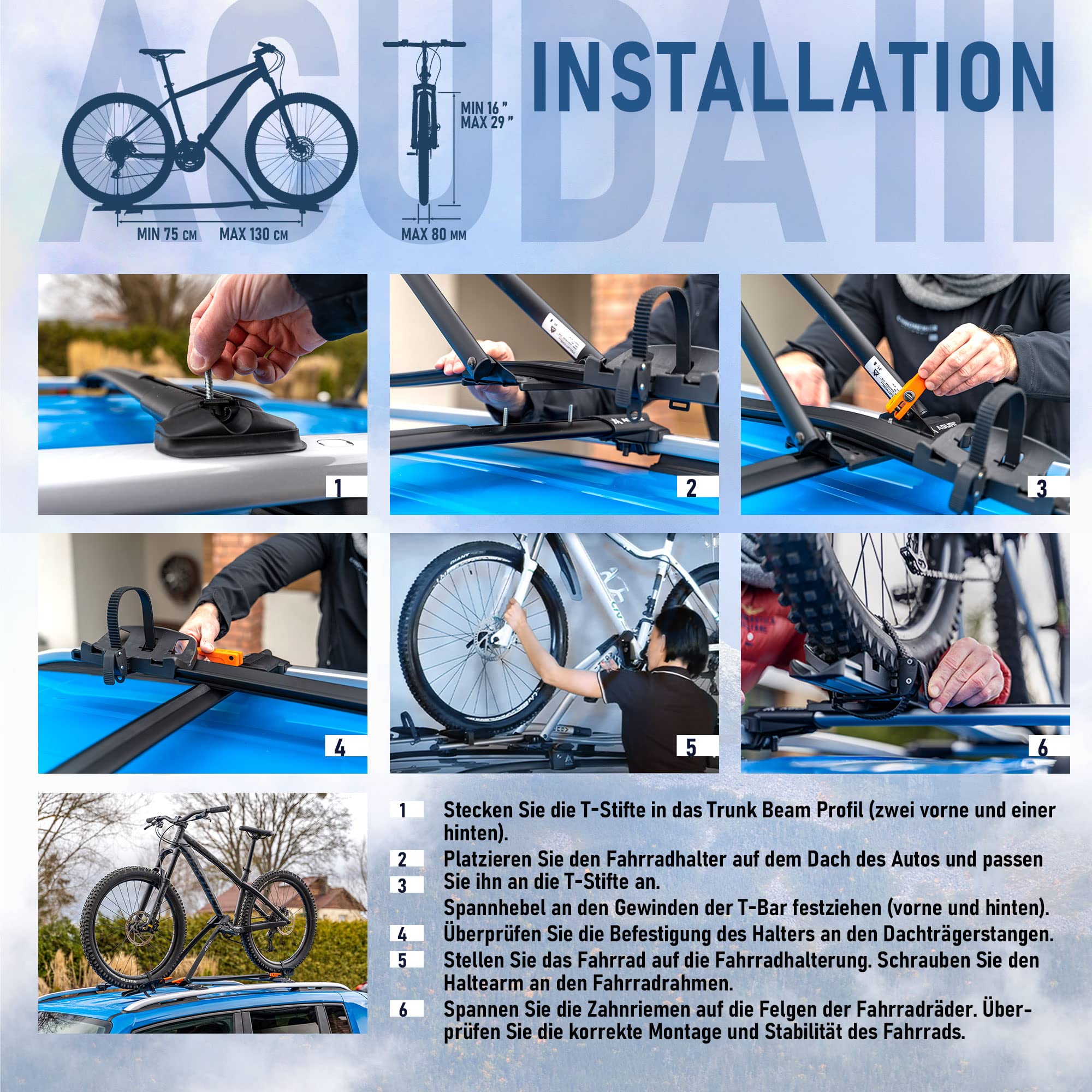 AGURI ACUDA III | Fahrradträger, Fahrrad Dachträger, Universeller Fahrradhalter fürs Autodach | Abschließbar | Belastbarkeit bis 20 kg | Leichte und robuste Konstruktion aus Aluminium | TÜV