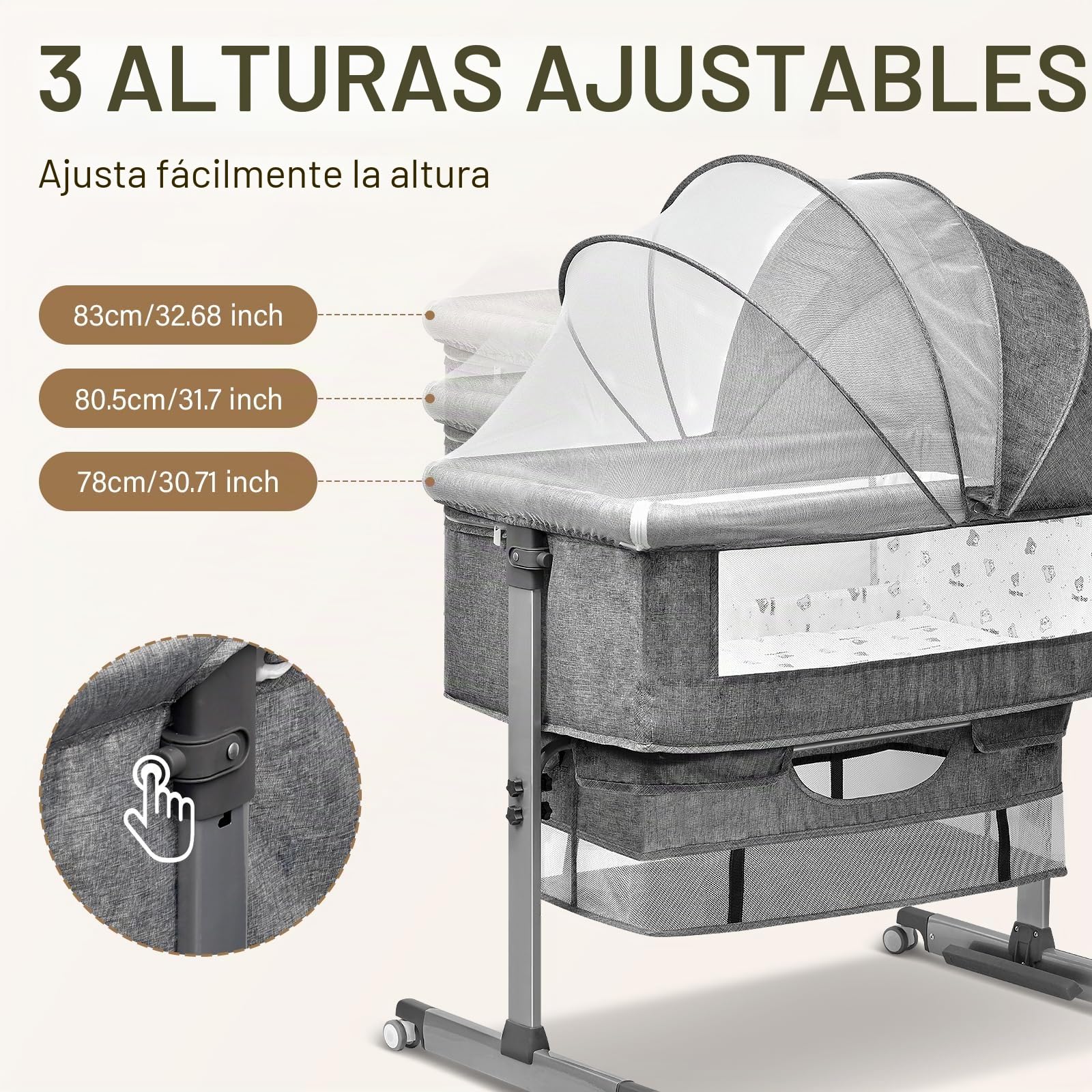 3 en 1 Cuna Colecho,Colecho Bebe Cuna con Colchón Blando y Mosquitera 6 Velocità Regolabile in Altezza e Inclinazione 4 Ruedas con Freno para Casa y Viaje Compatible con Diferentes Camas