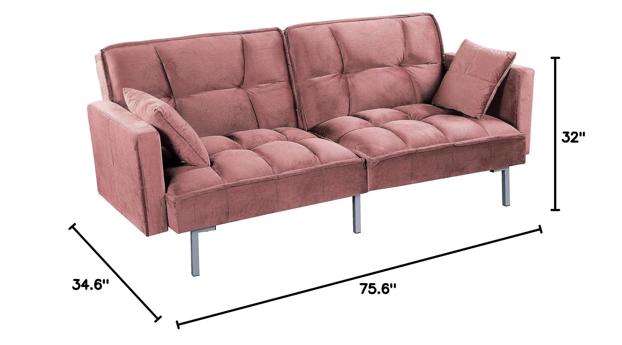 Container Furniture Direct Regal 75.6" Velvet Convertible Sofa Bed - Mid-Century Sleeper Couch w/Tufted Design & Metal Legs - Pull-Out Futon for Guests/Home (75.6" W x 34.6" D x 32" H), Green