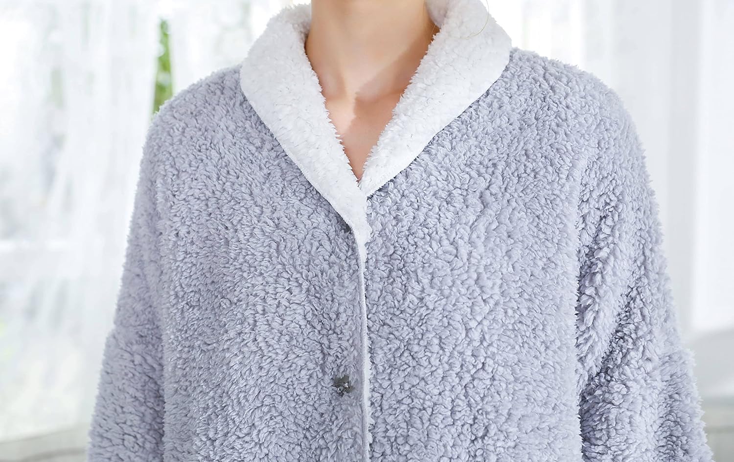 Loungees Women's Plush and Cozy Sherpa Reversible Button Front Bed Jacket - Image 4