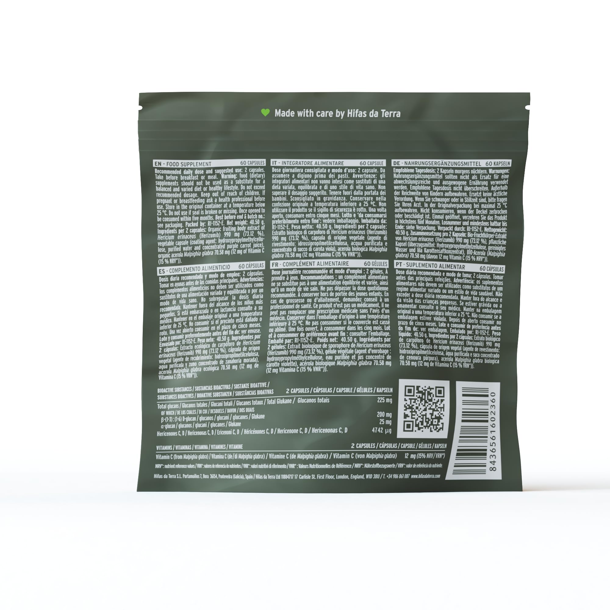 HIFAS DA TERRA - Mico-Leo Extracto Puro de Melena de León Hericium - Alta concentración de Beta-Glucanos y Vitamina C - Apoyo cognitivo, memoria, bienestar emocional e inmunitario - Refill 60 Cápsulas