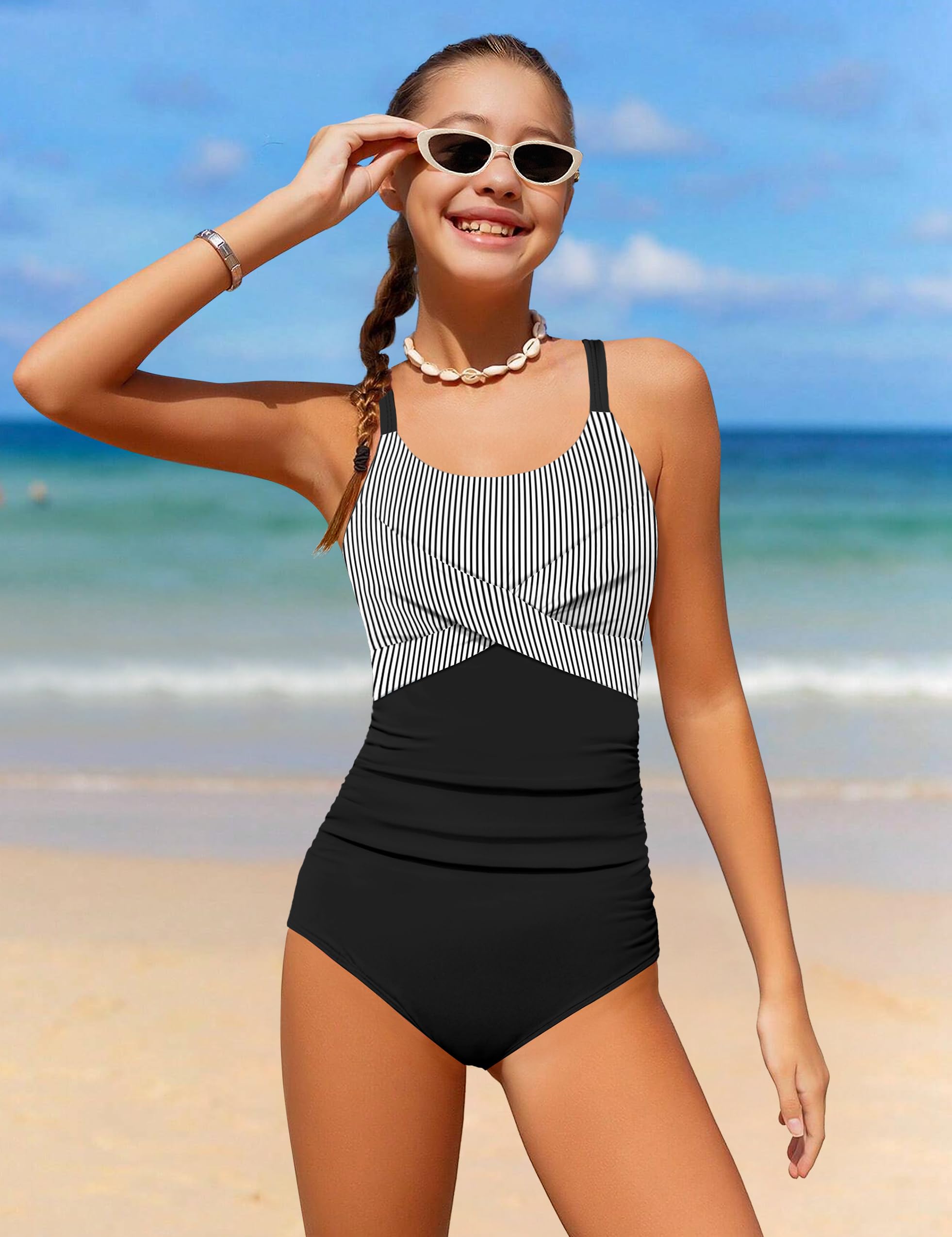 WIQI Girls Bathing Suits Size 10-12 One Piece Teen Girl Swimsuit Size 10 12 Criss Cross Ruched Black Stripe Tie Back Swimwear