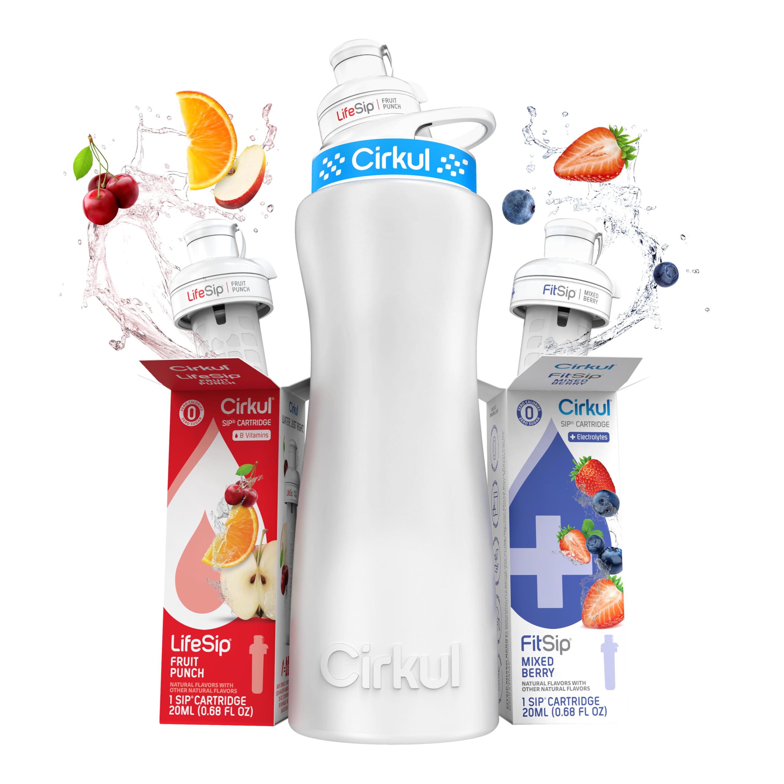 Cirkul 22 oz Plastic Water Bottle Starter Kit with Blue and White Lid and 2 Flavor Cartridges (Fruit Punch & Mixed Berry)