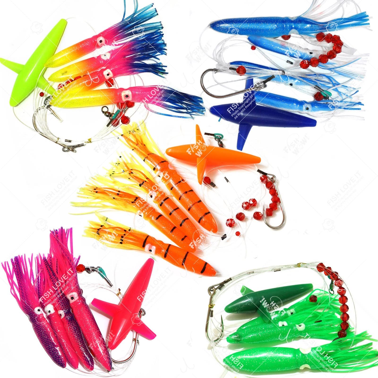 Qty 5 Fsih Wow!® Daisy Bird Fishing Teaser Chian Squid trolling Lures Mix Colors Set