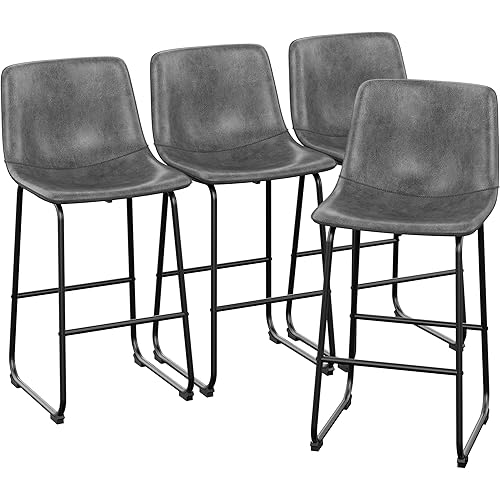 Bar Stools Set of 4, PU Leather Counter Height Bar Stools, 30" Modern Bar Stools with Metal Legs and Footrest, Urban Armless Dining Chairs with Backrest for Kitchen Island (Grey)
