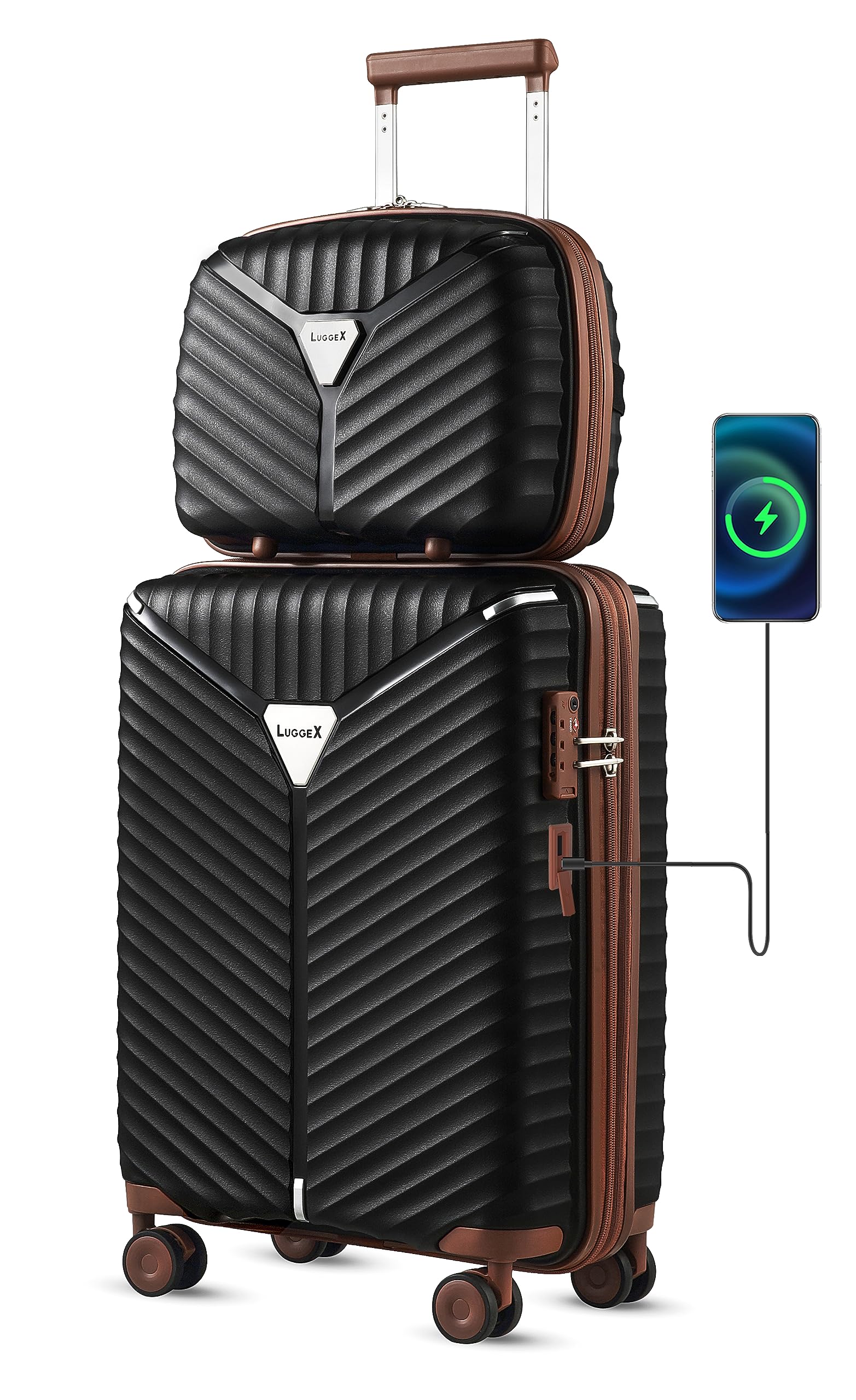 LUGGEX Black Carry On Luggage with USB Port, PP Lightweight Suitcase with 14 Inch Case, Expandable Luggage 2 Piece