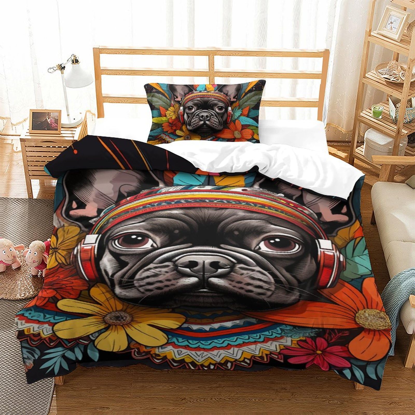 Housse de couette Bouledogue Français 3D pour chambre d'adulte