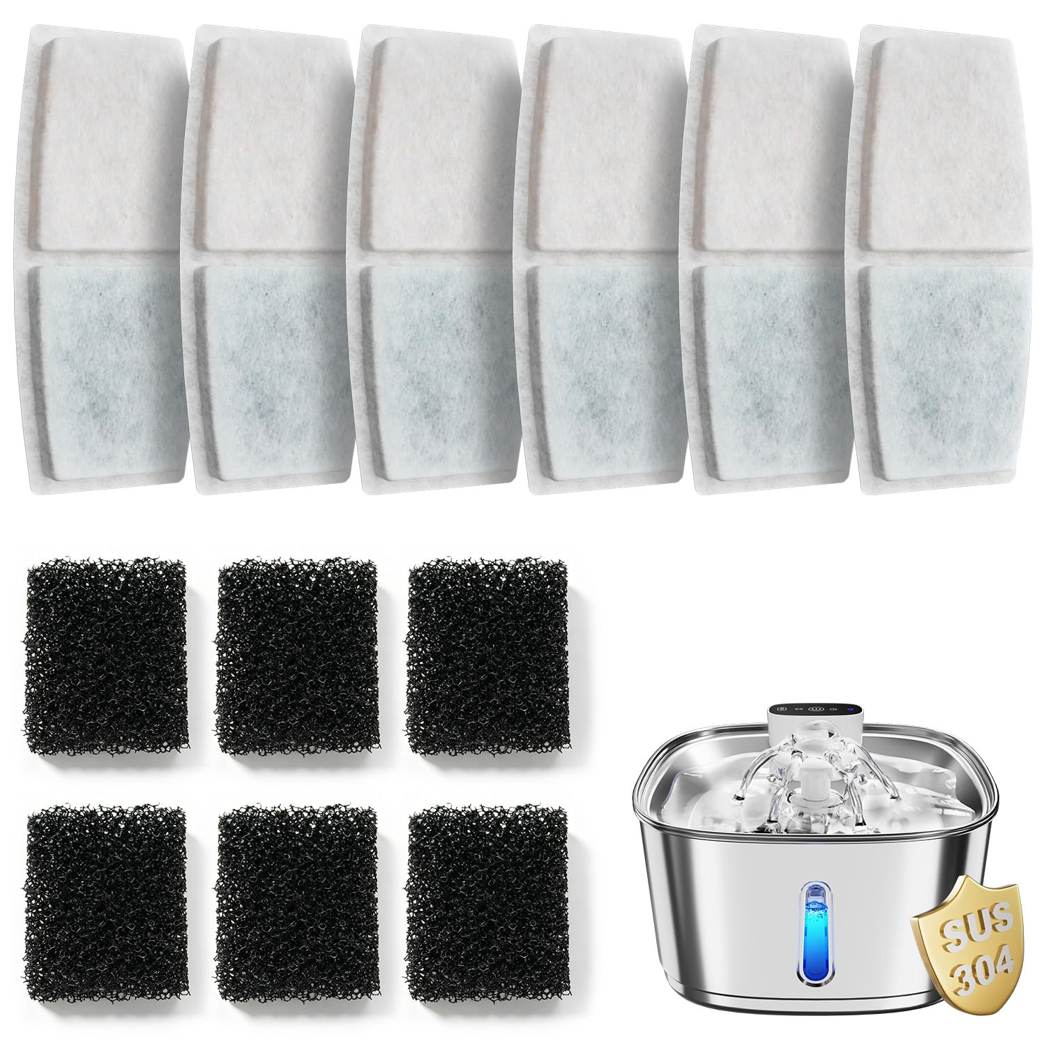 Pawinner Cat Water Fountain Filters, 6 Replacement Filters 6 Filter Sponges