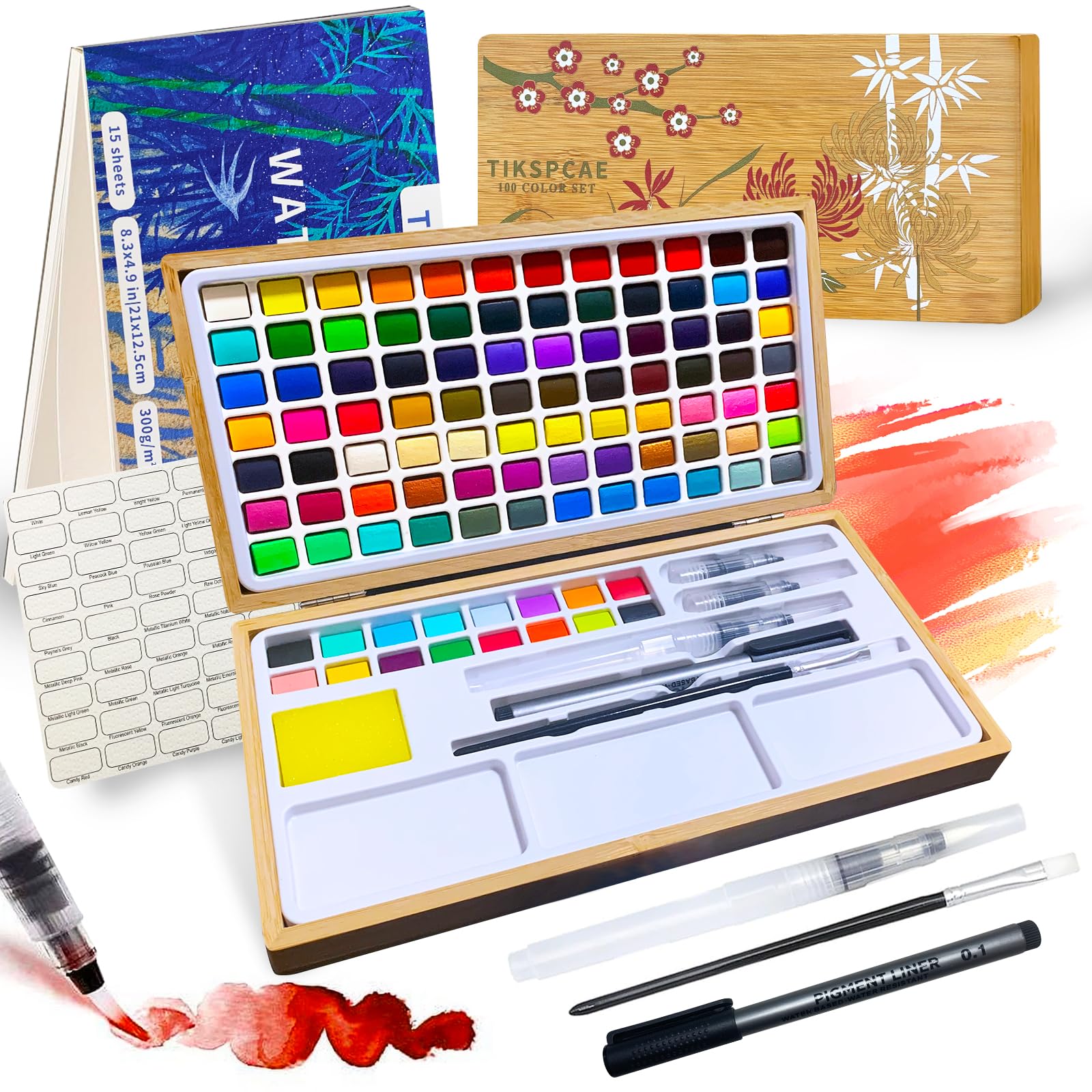 Watercolor Paint Set,100 Colors in Nature Bamboo Box,Portable Water Colors Kit with Papers and Brush Pens,Great for Kids Adults Beginners & Professionals
