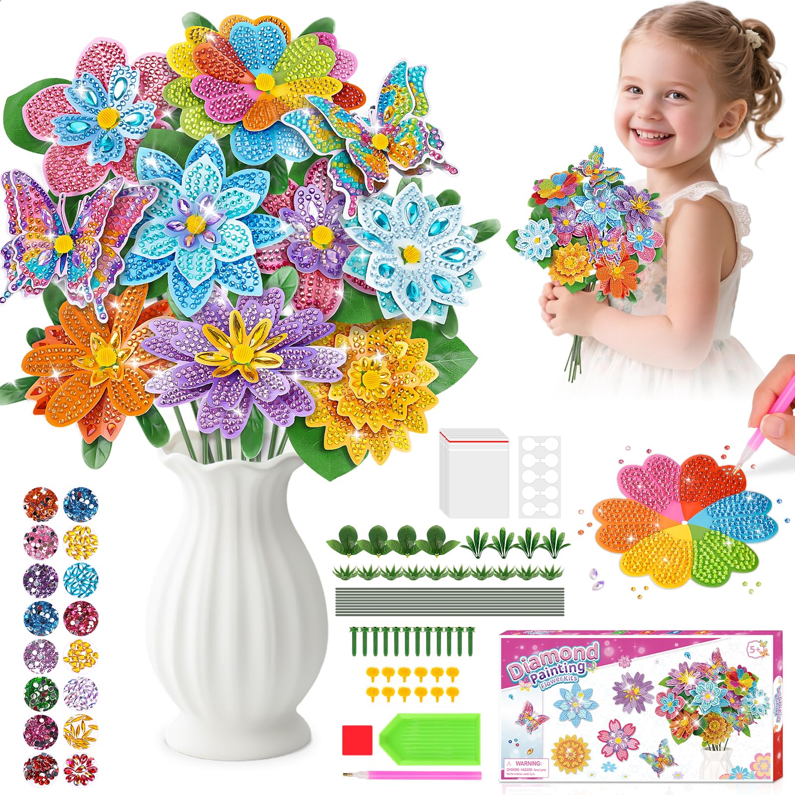 Craft Kits for Kids, Diamond Art Kits 5 6 7 8 9 10 Year Old Girls Gifts Diamond Painting Flower Arts and Crafts for Kids Age 5-12 DIY Crystal Art Girls Birthday Present Girl Toys for Creative Activity