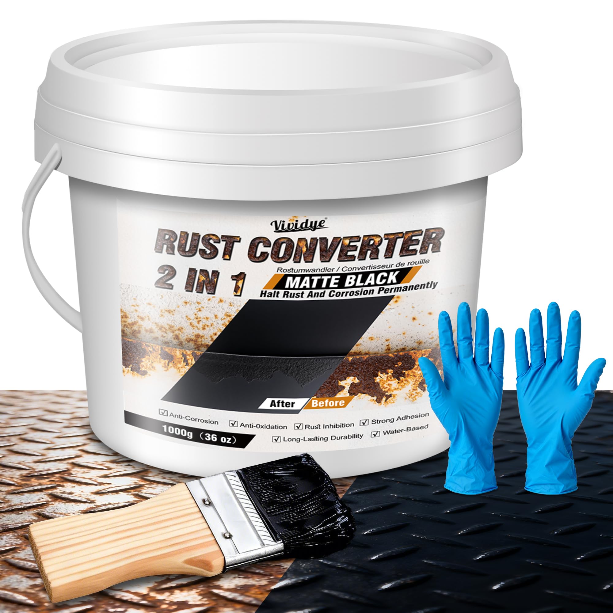 2 in 1 Rust Converter & Metal Primer, 1L / 1000g Matte Black Rust Remover for Metal, Trailer, Truck, Chassis, Frame, Water-based Rust Inhibitor and Encapsulator Paint, Easy Application, Long-Lasting