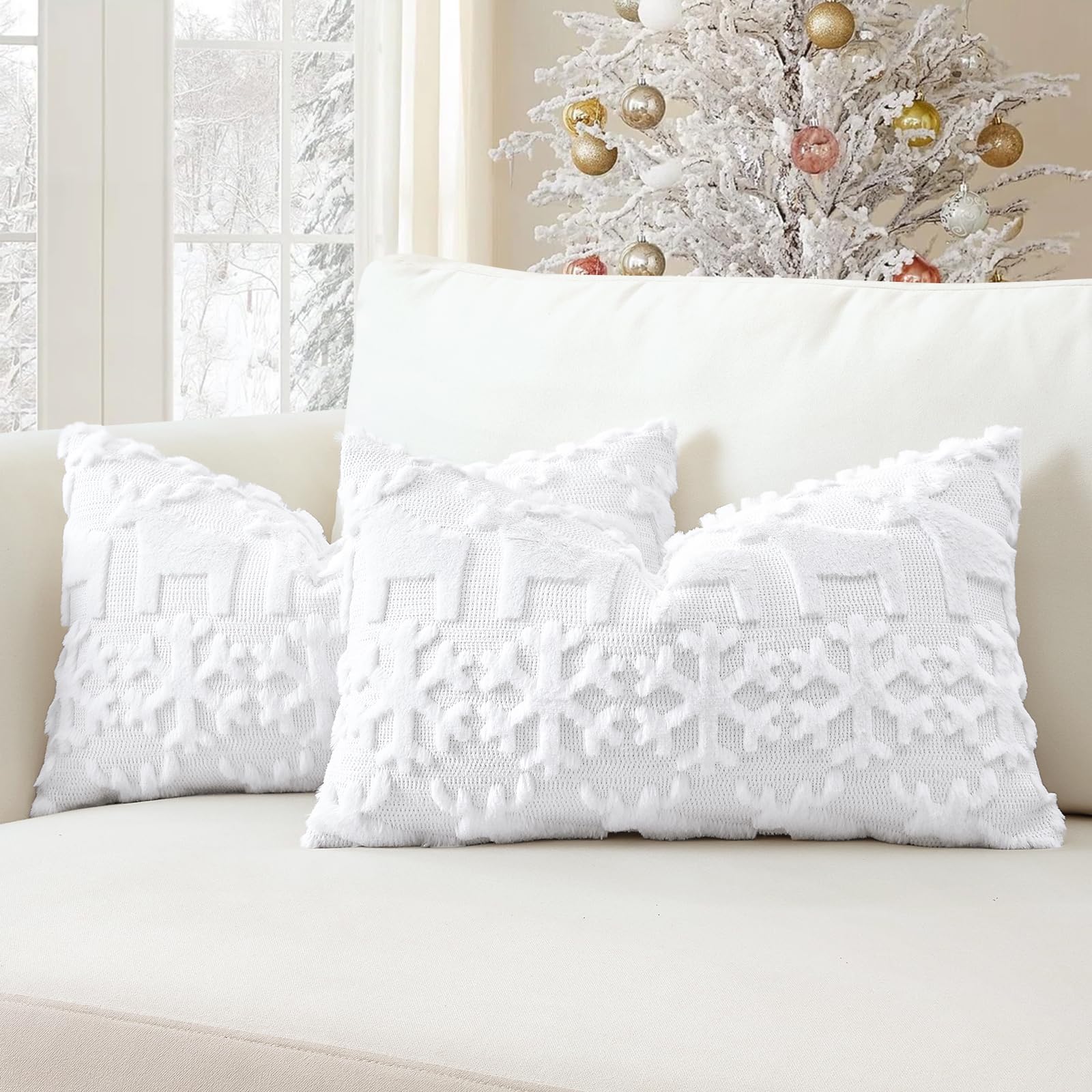 Artscope Set of 2 Xmas Soft Plush Short Wool Velvet Decorative Cushion Covers 40x60cm Lumbar Luxury Style Throw Pillow Covers Pillow Shell for Sofa Bedroom Snowflake and Elk White