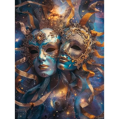 JXAVAXDE Zodiac Sign of Gemini with Masks DIY 5D Diamond Paint Kits for Adults Easy for Beginner Round Full Drill Diamond Art Painting Gems Cross Stitch Mosaic Craft for Home Decor 12x16 inch