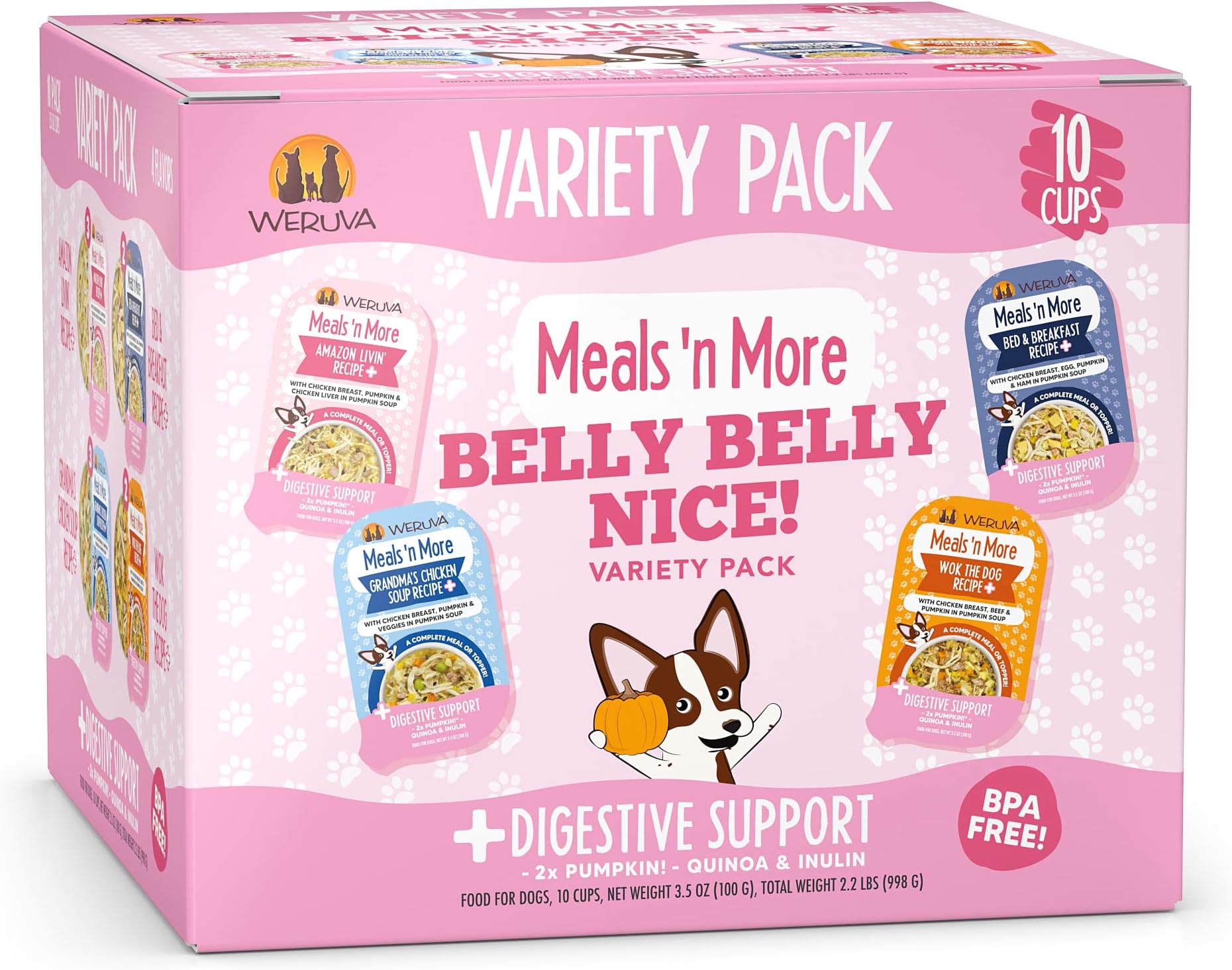 Weruva Meals 'n More Natural Wet Dog Food, Belly Belly Nice! Digestive Support Variety Pack, 3.5oz Cup (Pack of 10)
