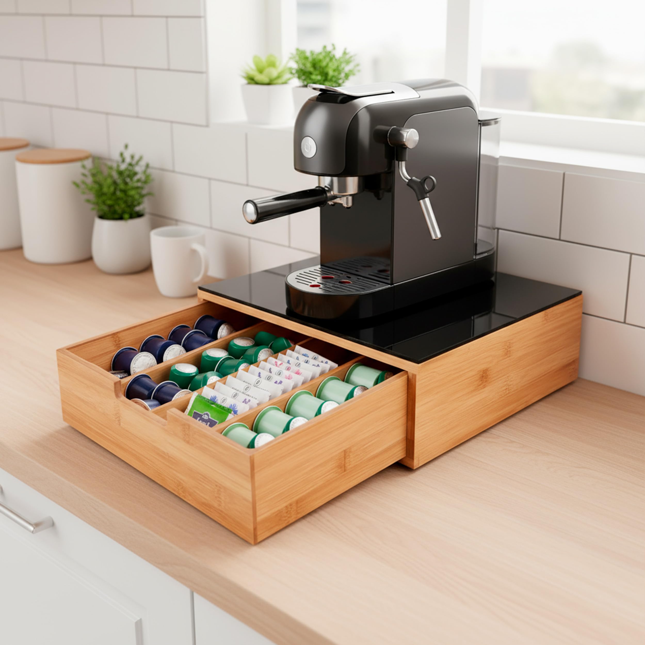 BRICOZONE Cassetto Porta Cialde in Bambù Con Ripiano in Vetro Organizer Per Capsule Caffè Con 4 Scomparti Salvaspazio Elegante Per Angolo Caffè