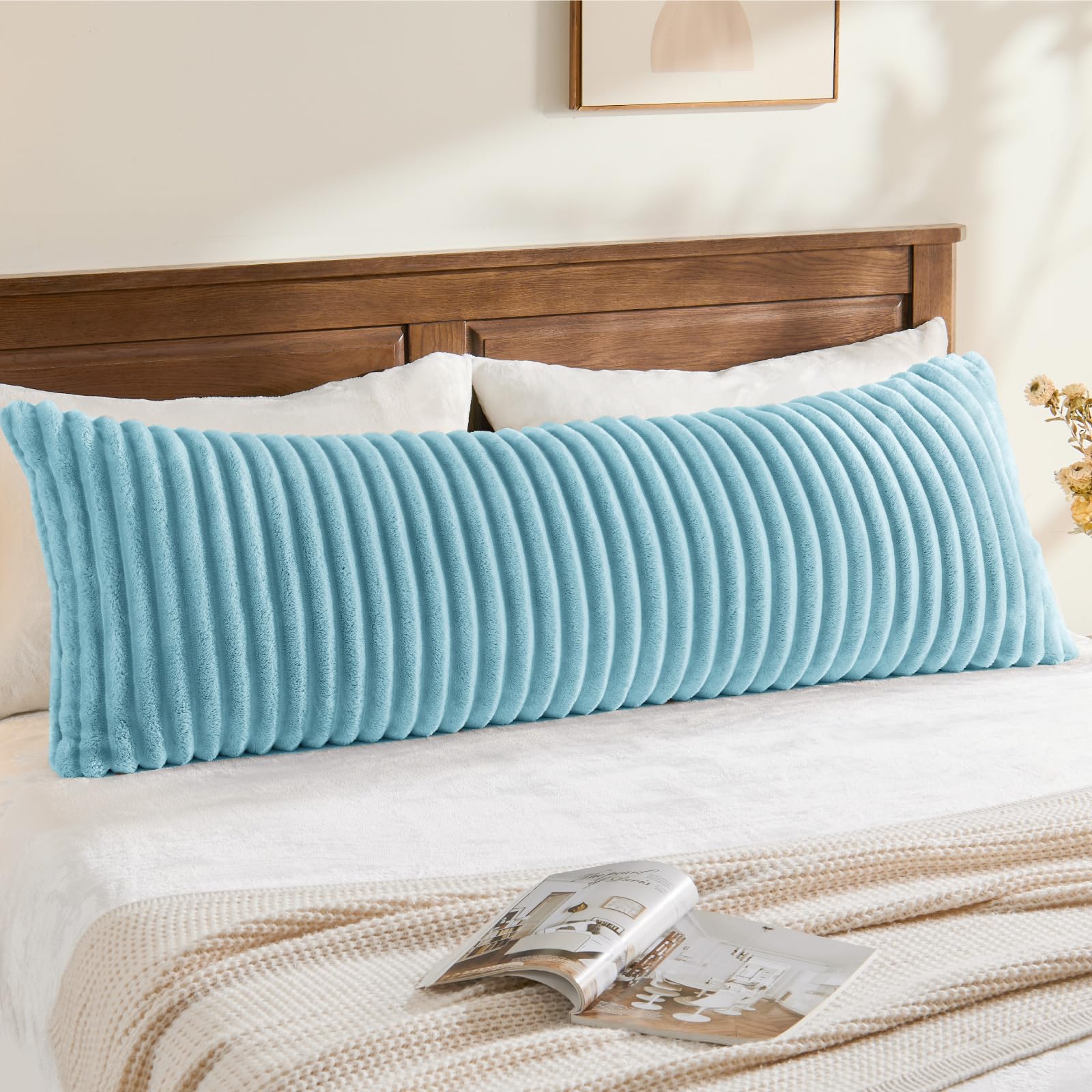 Photo 1 of BEDELITE Fluffy Striped Body Pillow Cover, Light Blue, 20"x54"