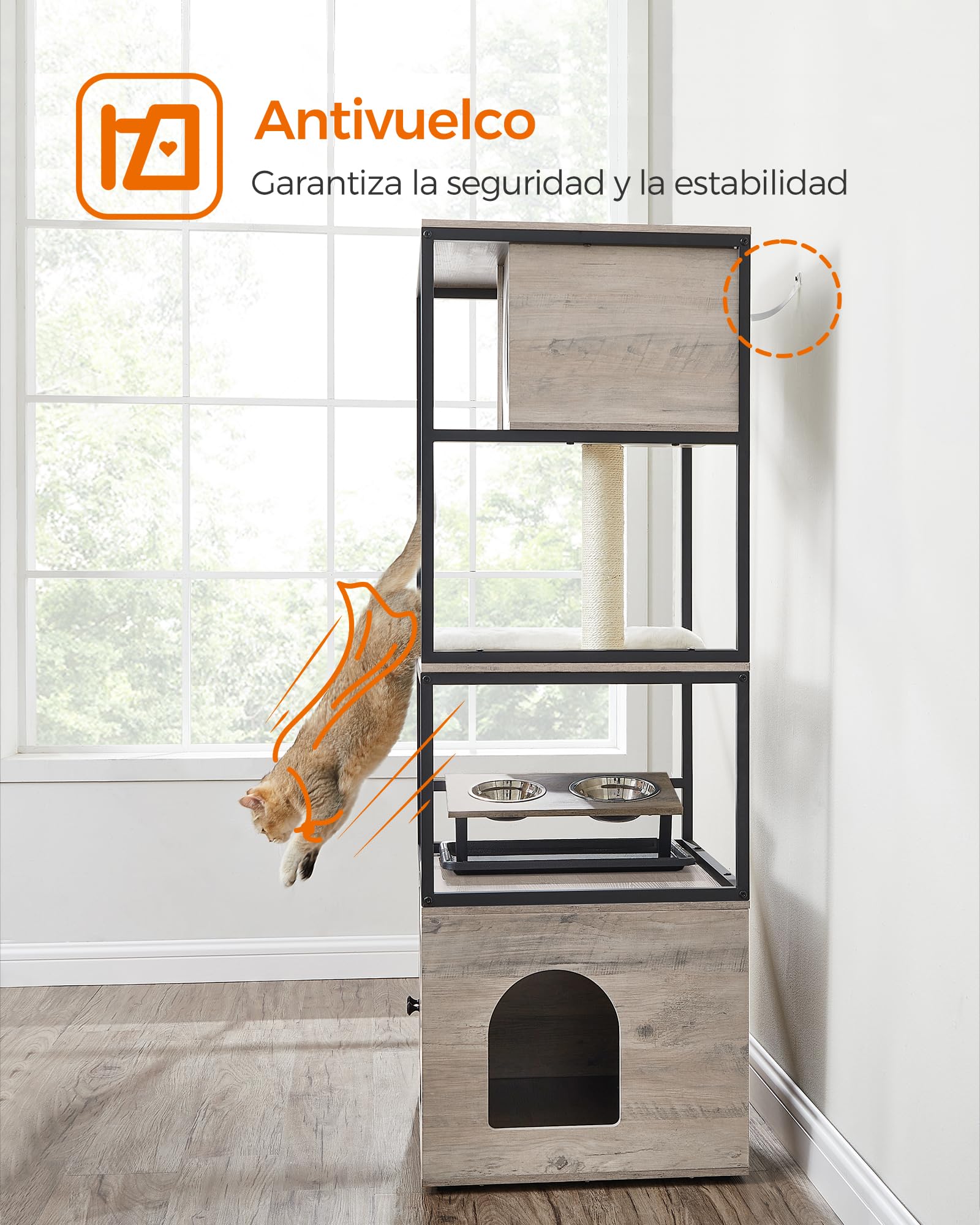 Feandrea Árbol para Gatos, Casa para Gatos con Mueble para Bandeja Higiénica, Soporte para Comedero Elevado, Tronco de Sisal, Cojines Lavables, Beige PCT312G01