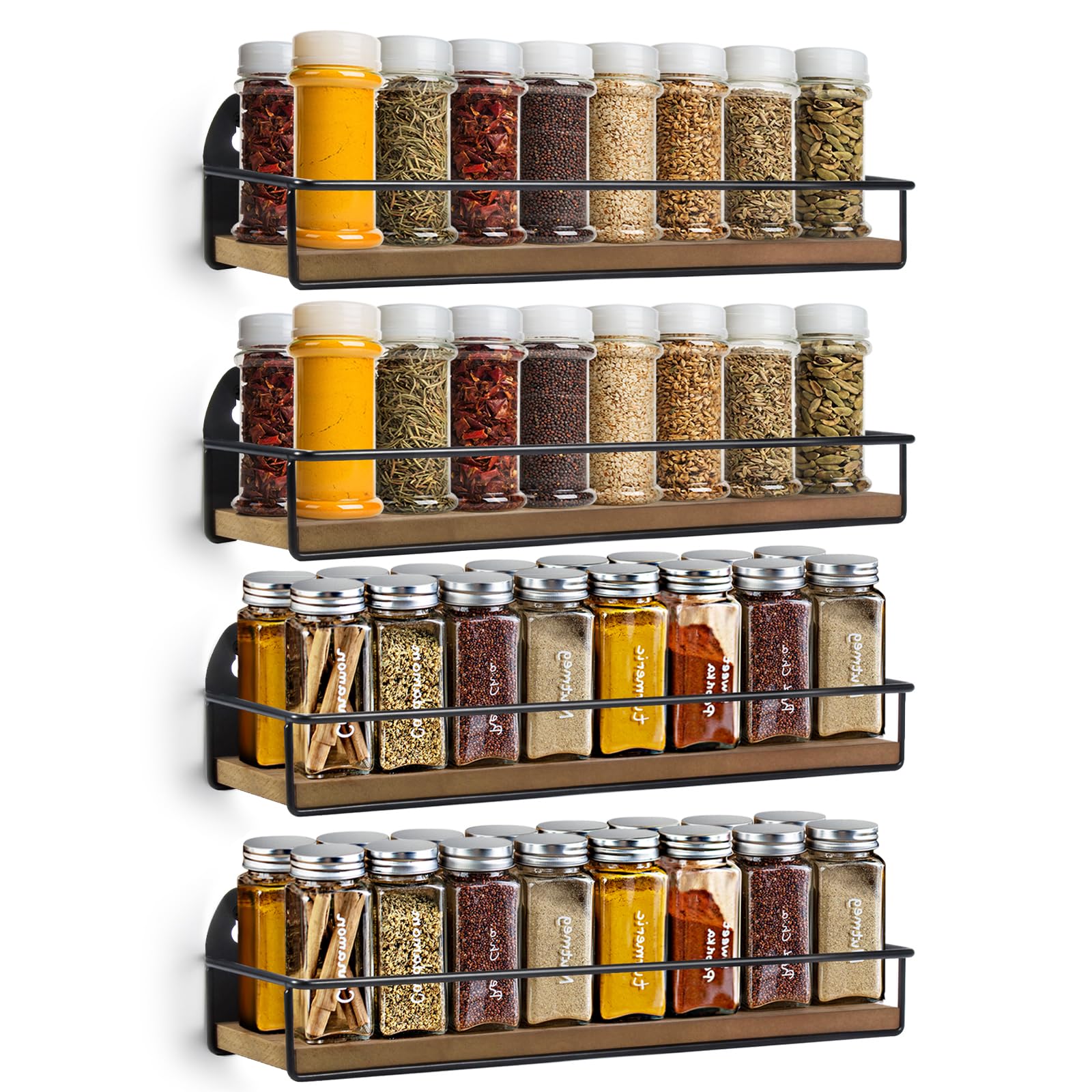 4 Pack Spice Rack Wall Mounted Rustic Style Hanging Spice Organizer for Wall, Kitchen Spice Storage, Black